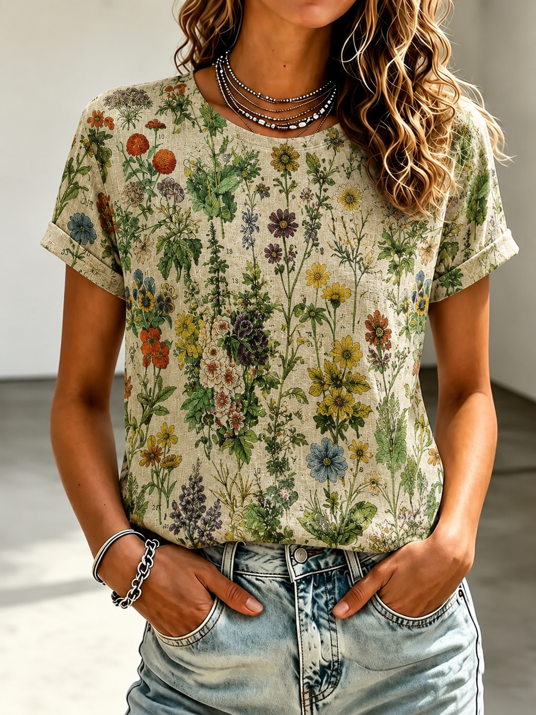 Women's Vintage Lovely Floral Art Print Casual Short Sleeve Comfortable Cotton T-Shirt