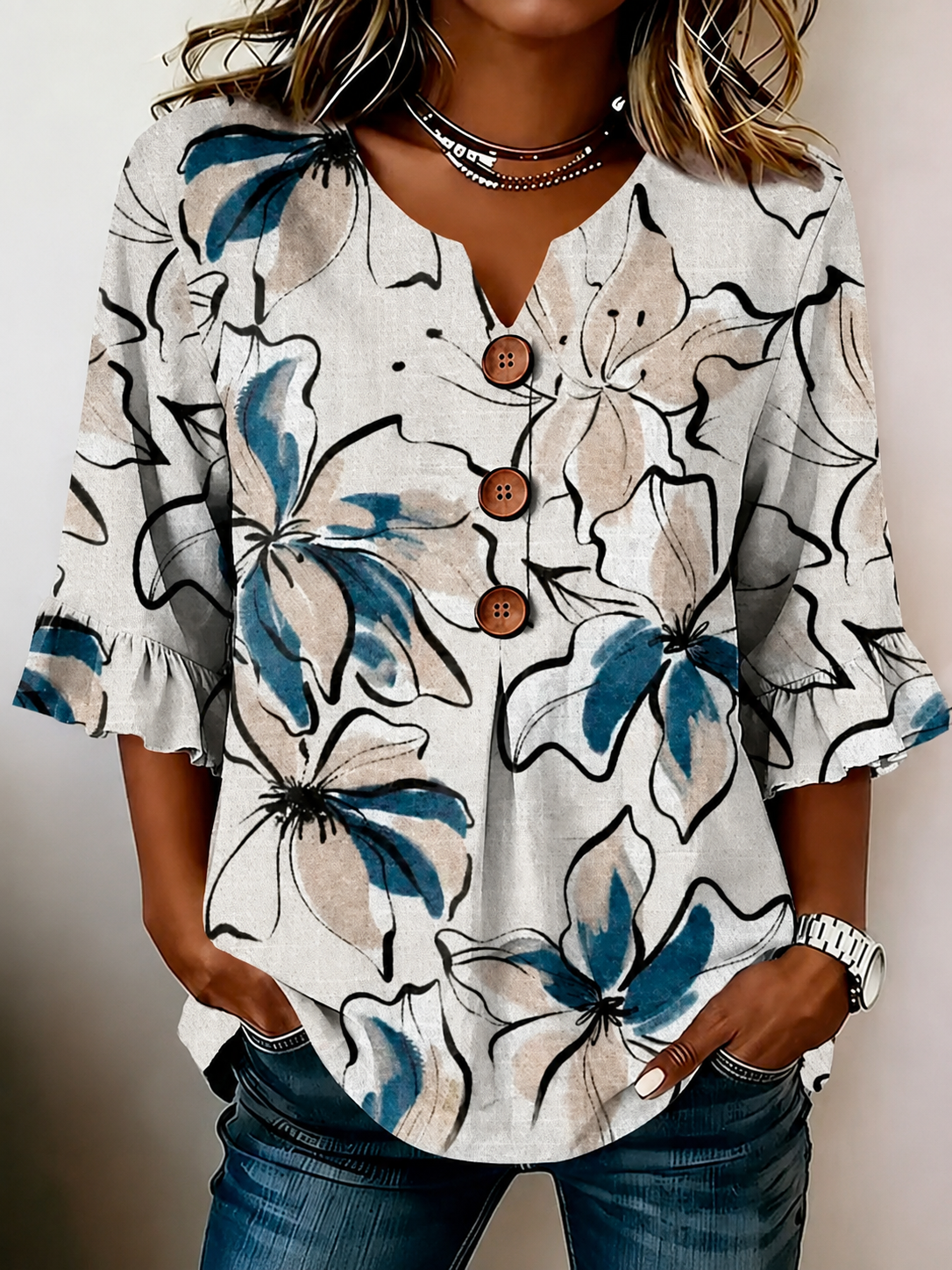 V-Neck Floral Ruffle Three-Quarter Sleeve Blouse