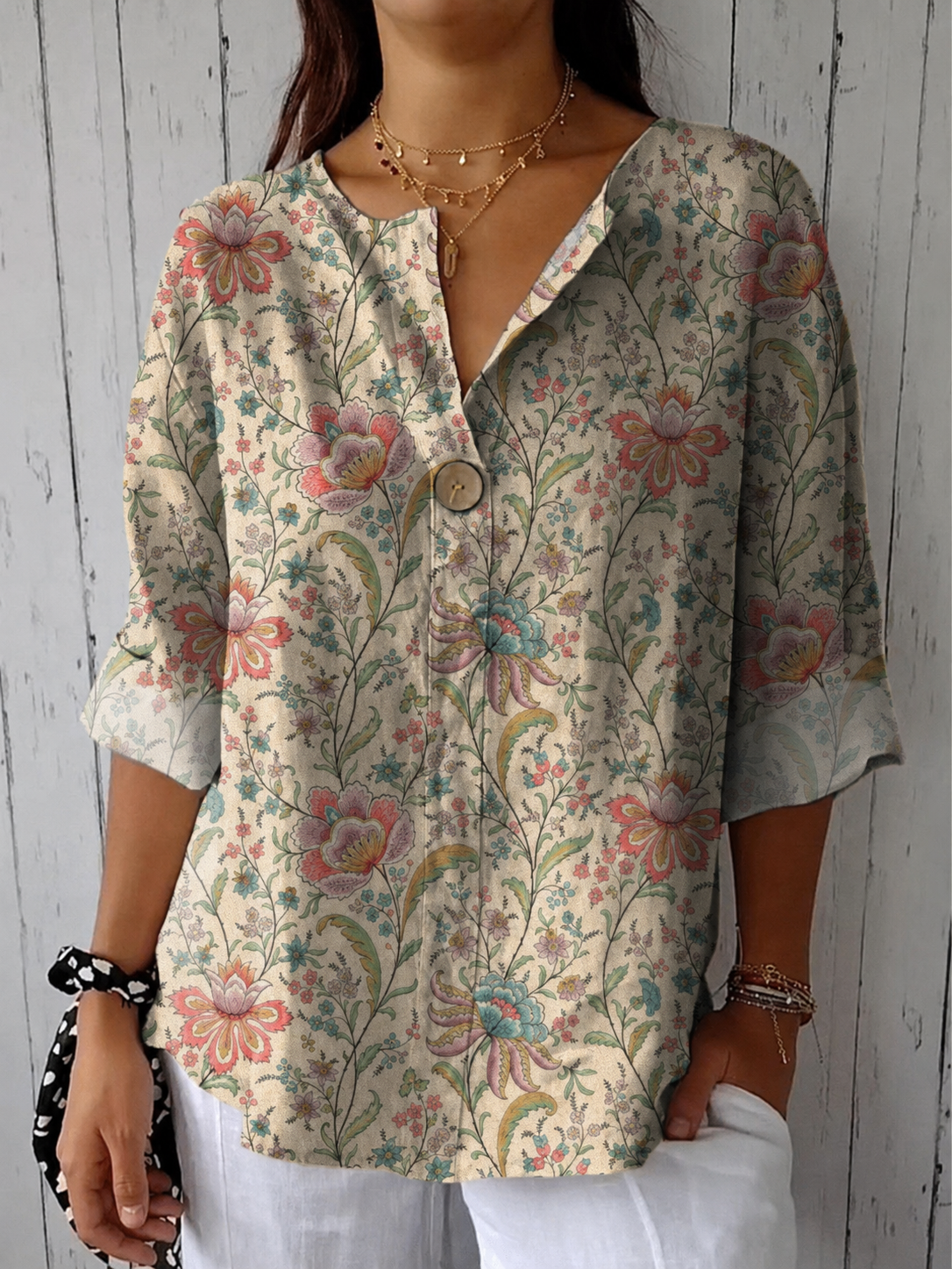70s Style Vintage Floral Garden Printed Women's Casual Cotton Linen Shirt
