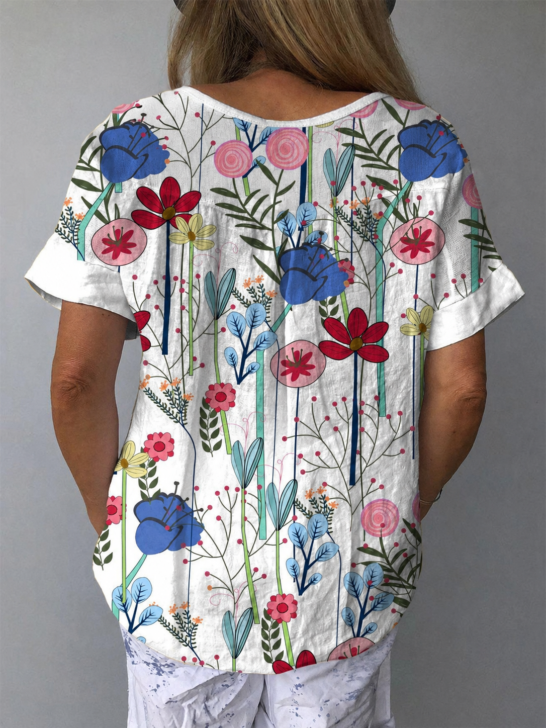 Women's Lovely Floral Art Print Casual Cotton And Linen Shirt
