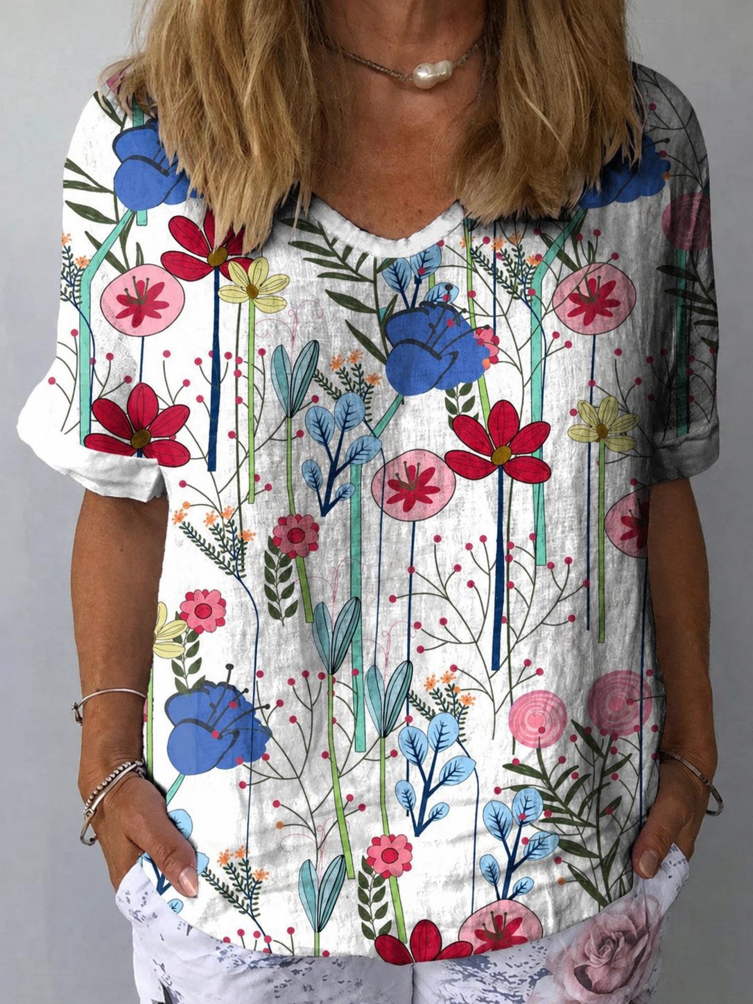 Women's Lovely Floral Art Print Casual Cotton And Linen Shirt