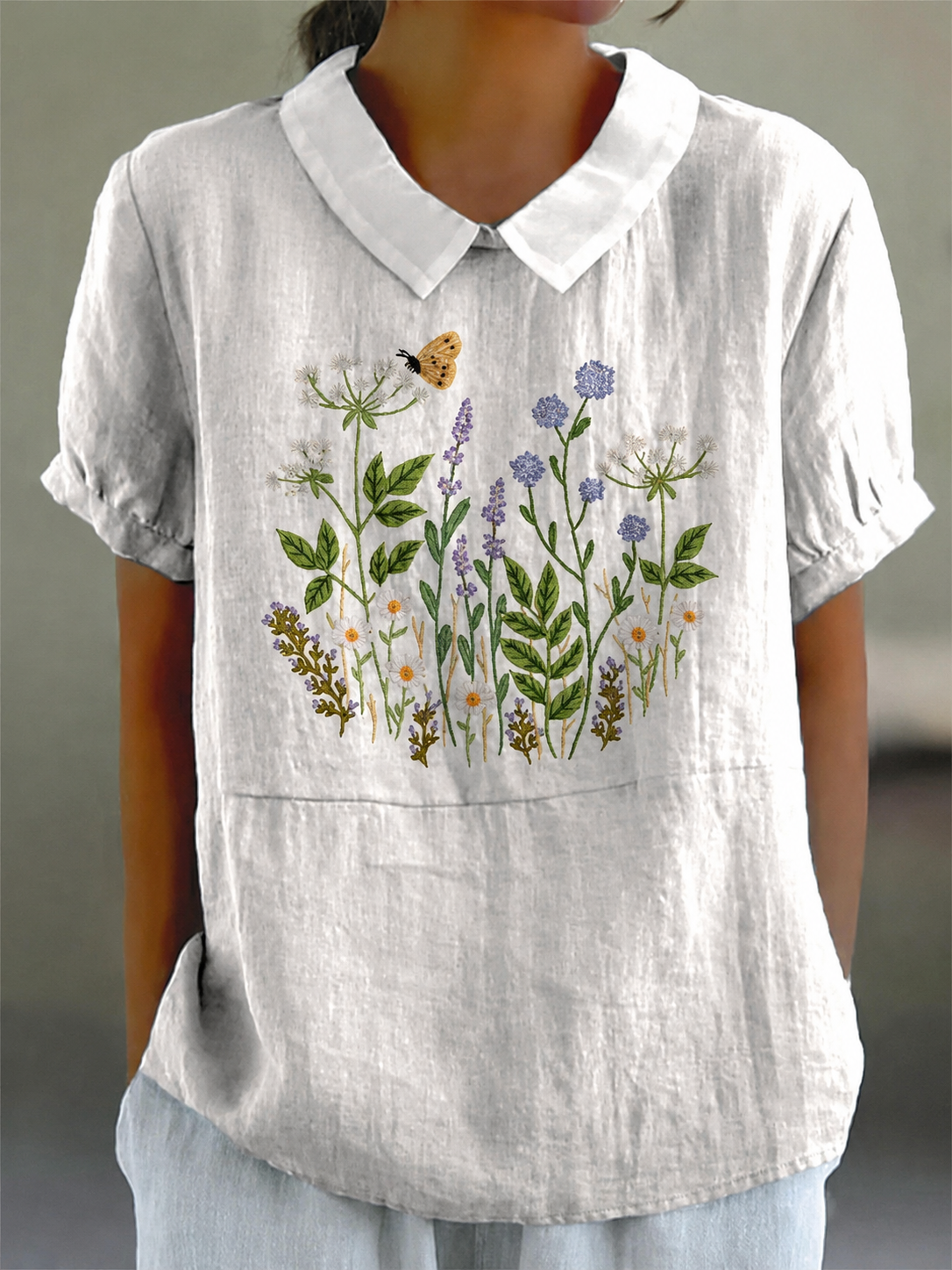 Embroidery Style Floral Bush Pattern Printed Women's Casual Cotton And Linen Shirt