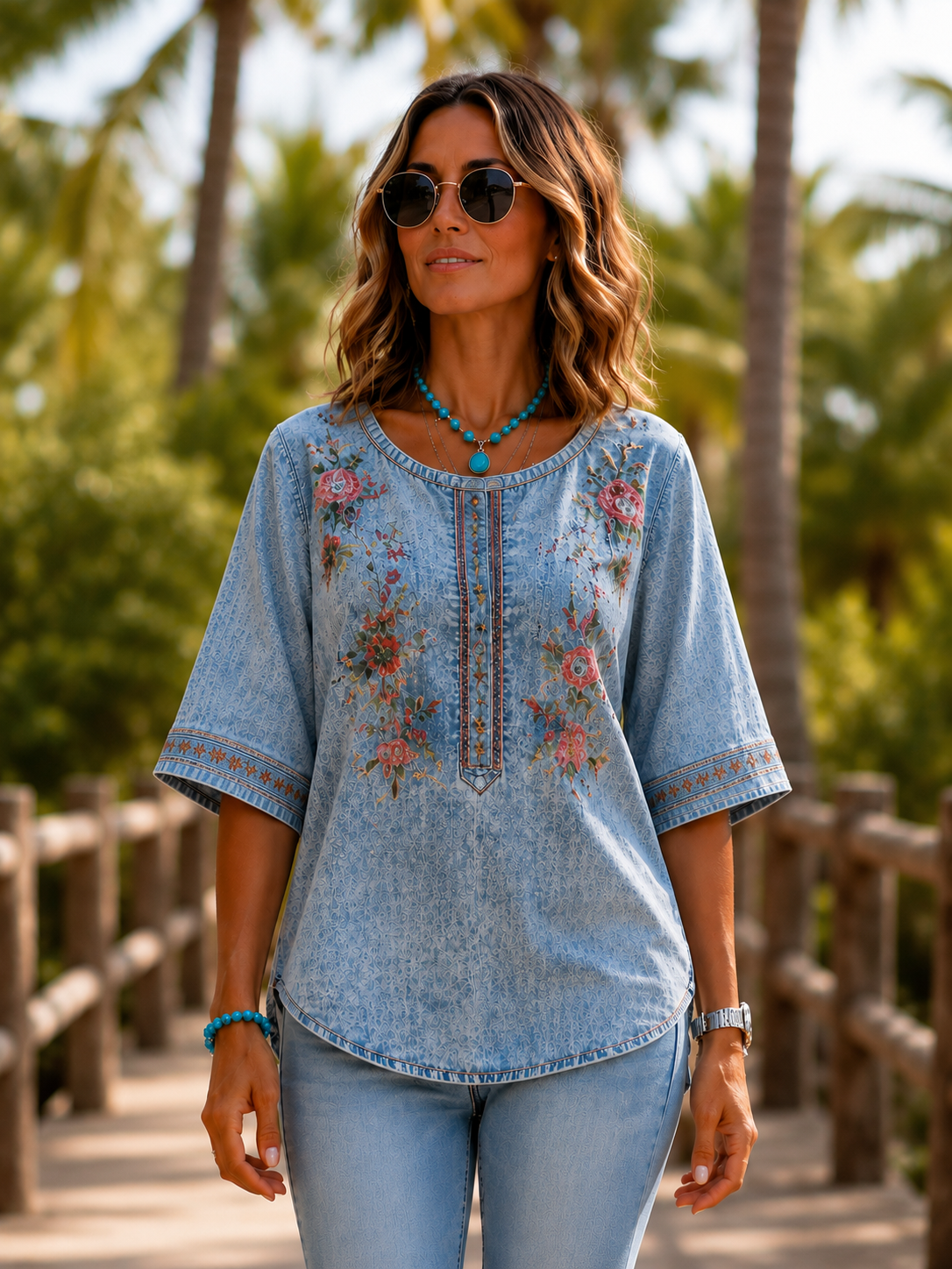 Women's Vintage Courtly Ethnic Floral Art Print Round Neck Casual Washed Denim Cotton Top