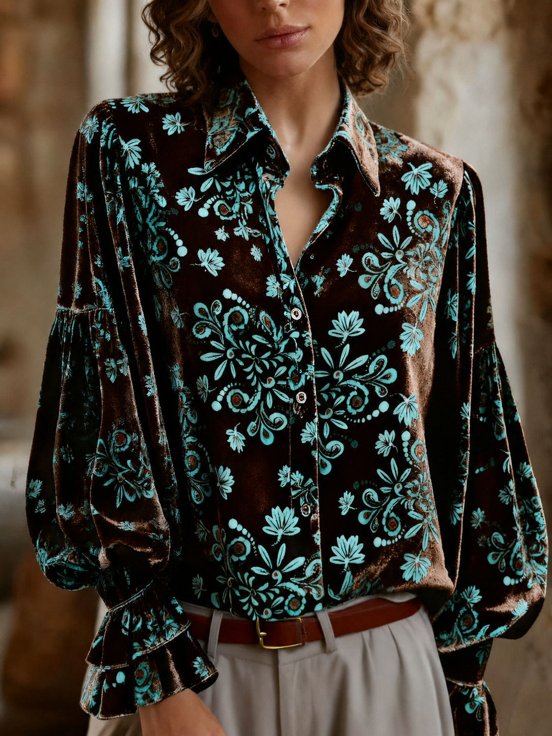 Retro Floral Print Lantern Sleeve Velvet Top