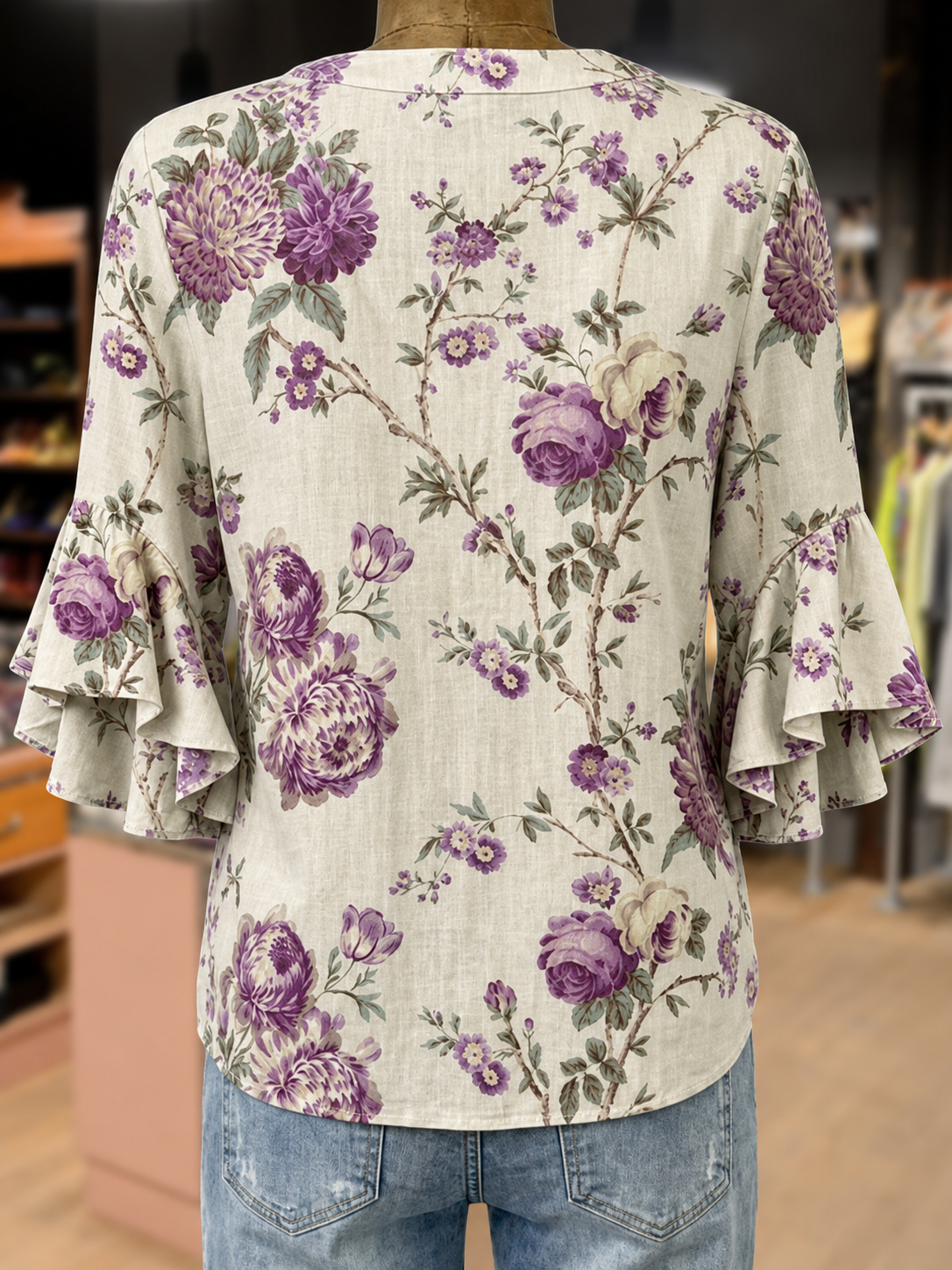 Vintage Floral Print Notch Neck Ruffle Sleeve Blouse