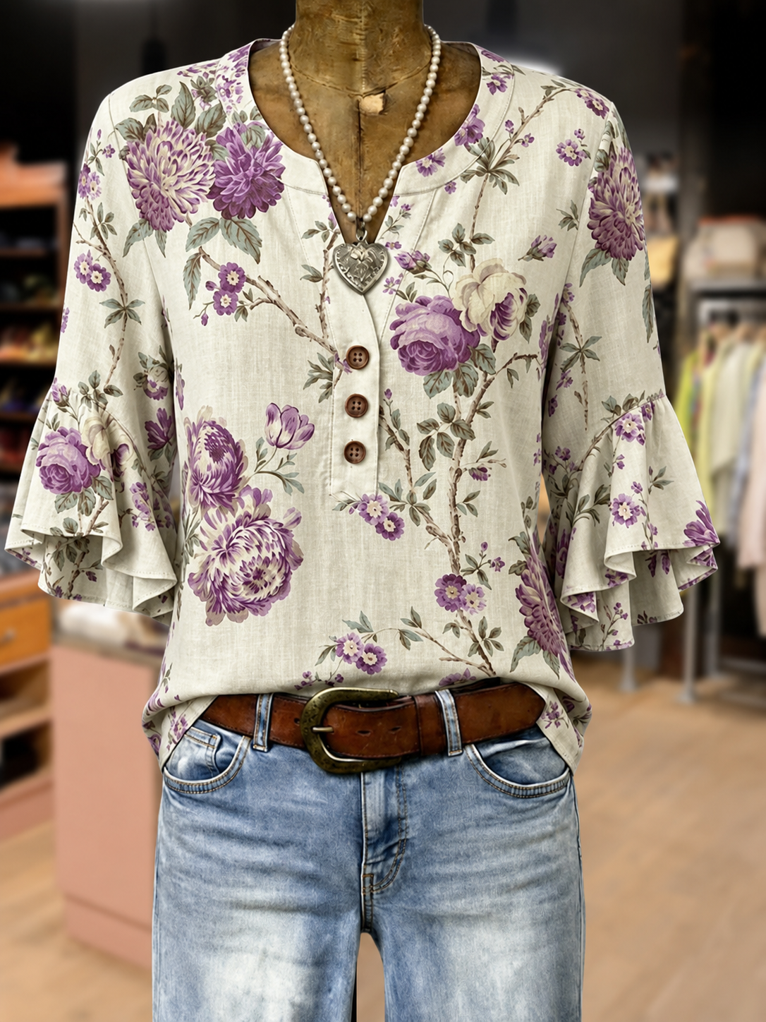 Vintage Floral Print Notch Neck Ruffle Sleeve Blouse