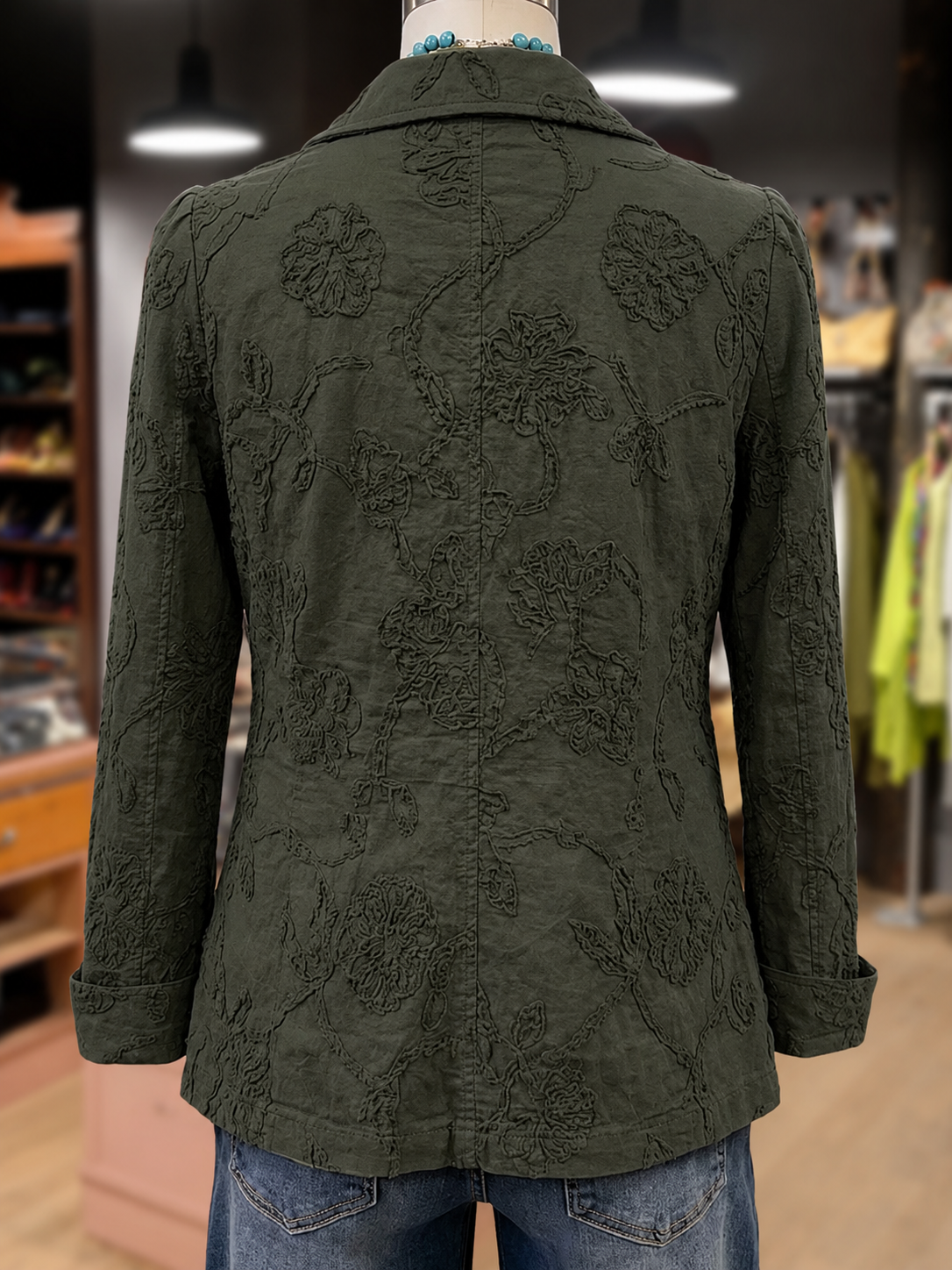 Elegant Flower Embroidered  Ruffle Trim Collared Jacket
