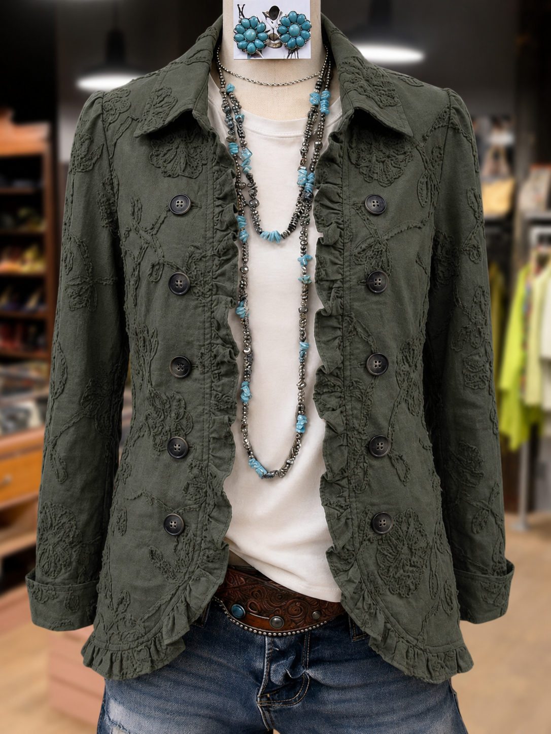 Elegant Flower Embroidered  Ruffle Trim Collared Jacket