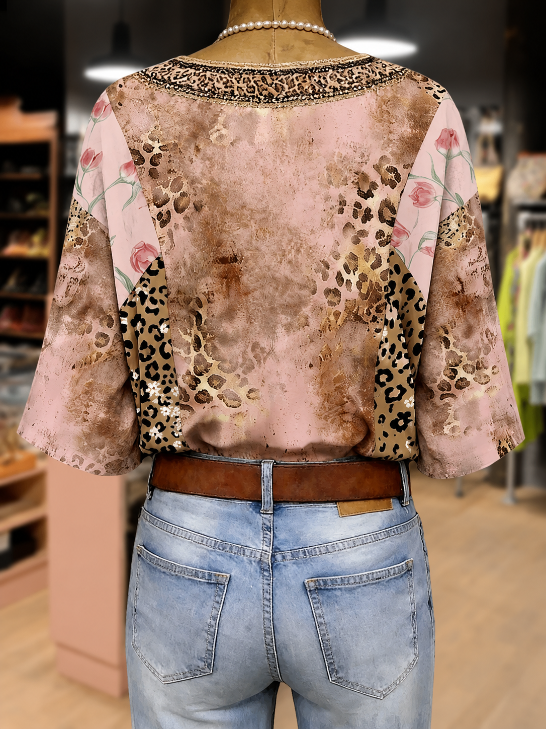 Mixed Leopard Floral Print V-Neck Three Quater Sleeve Blouse