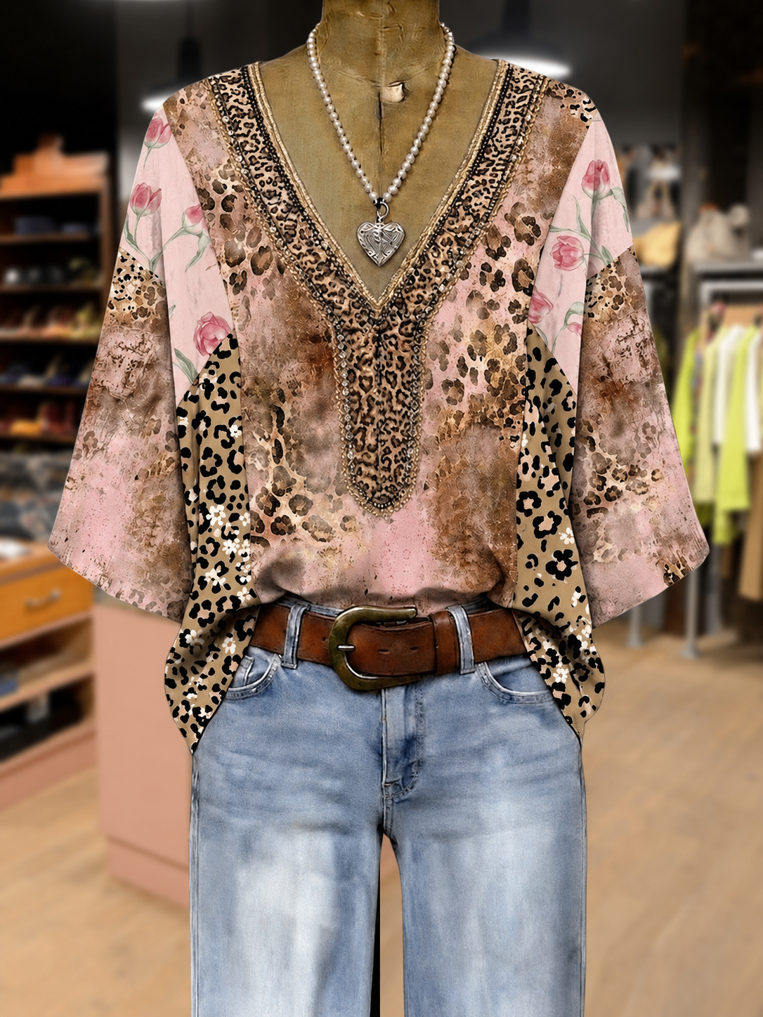 Mixed Leopard Floral Print V-Neck Three Quater Sleeve Blouse
