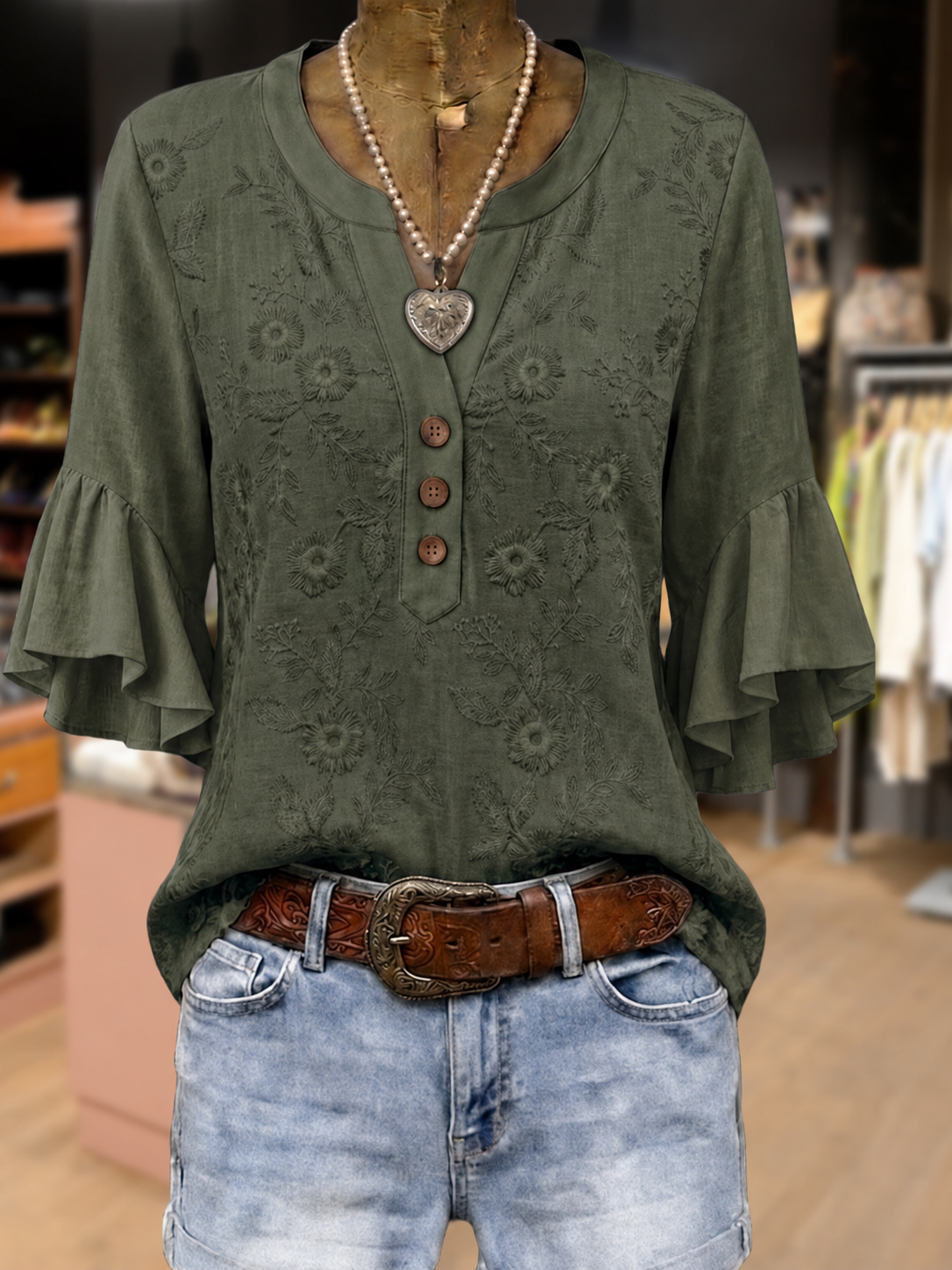 Vintage Flower Embroidered Notch Neck Ruffle Sleeve Blouse