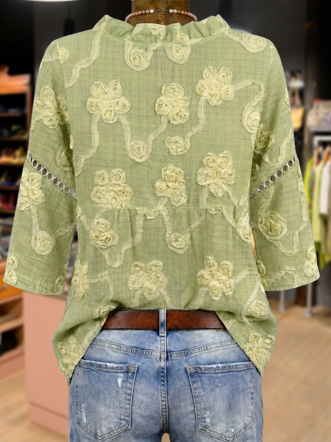 Vintage Floral Embroidered V-Neck Hollow Out Top