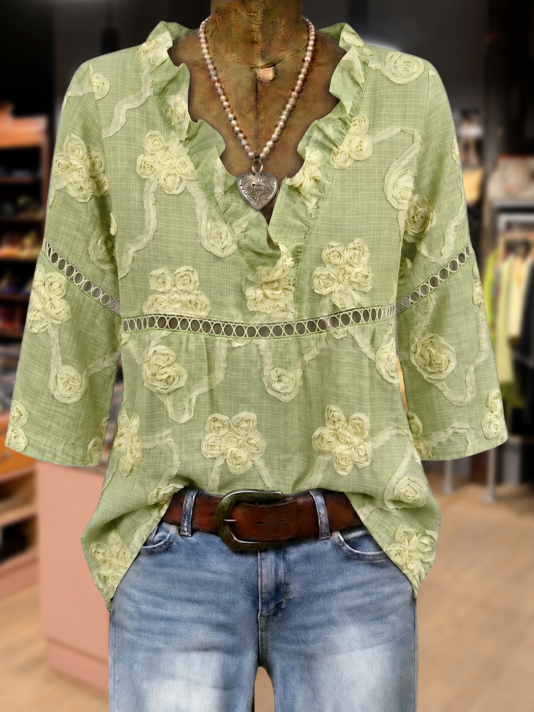 Vintage Floral Embroidered V-Neck Hollow Out Top