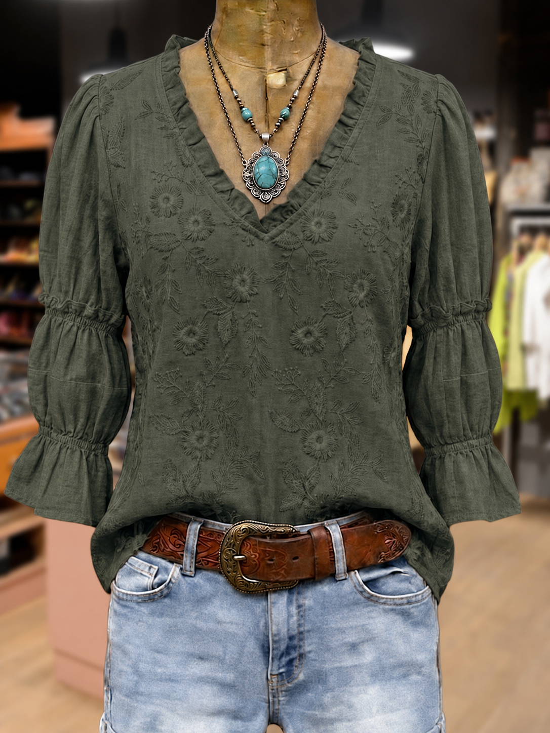 Elegant Flower Embroidered Ruffle V-Neck Puff Sleeve Top