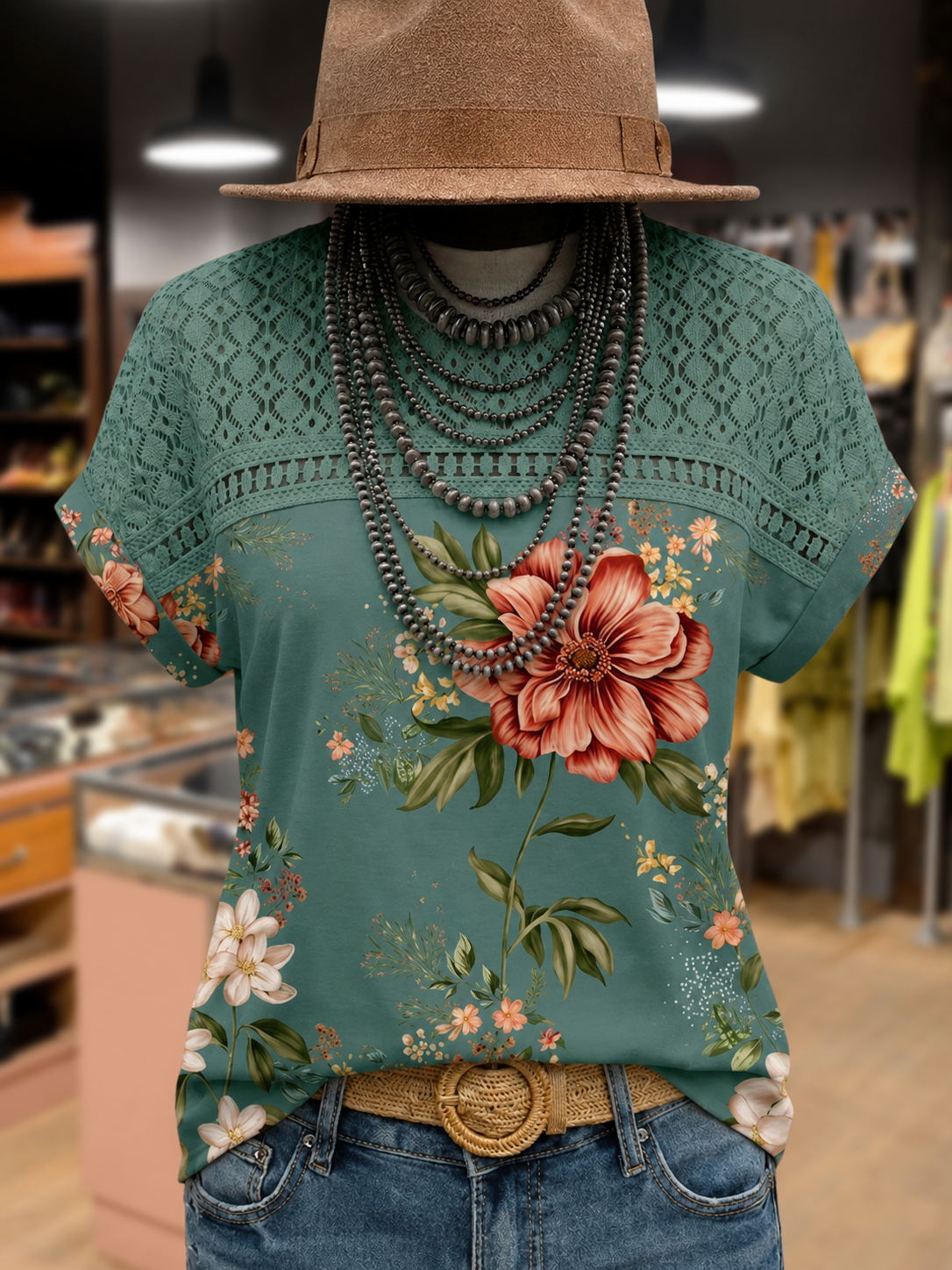 Spring Floral Print Hollow Out Top