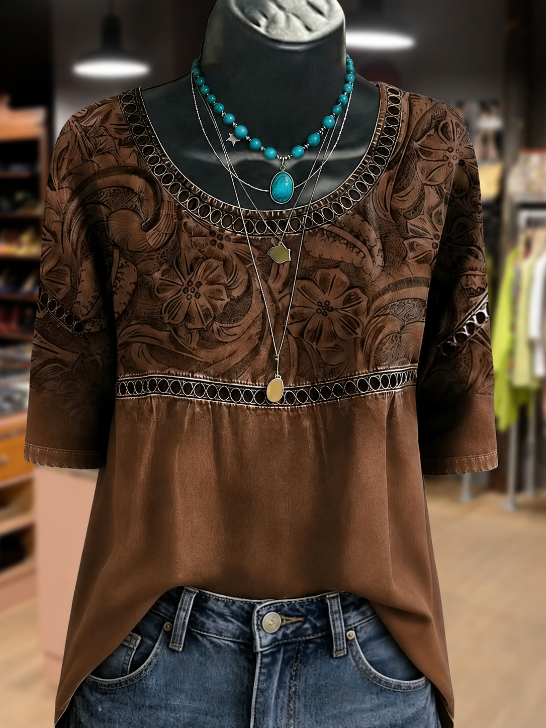Retro Floral Print Hollow Out Top
