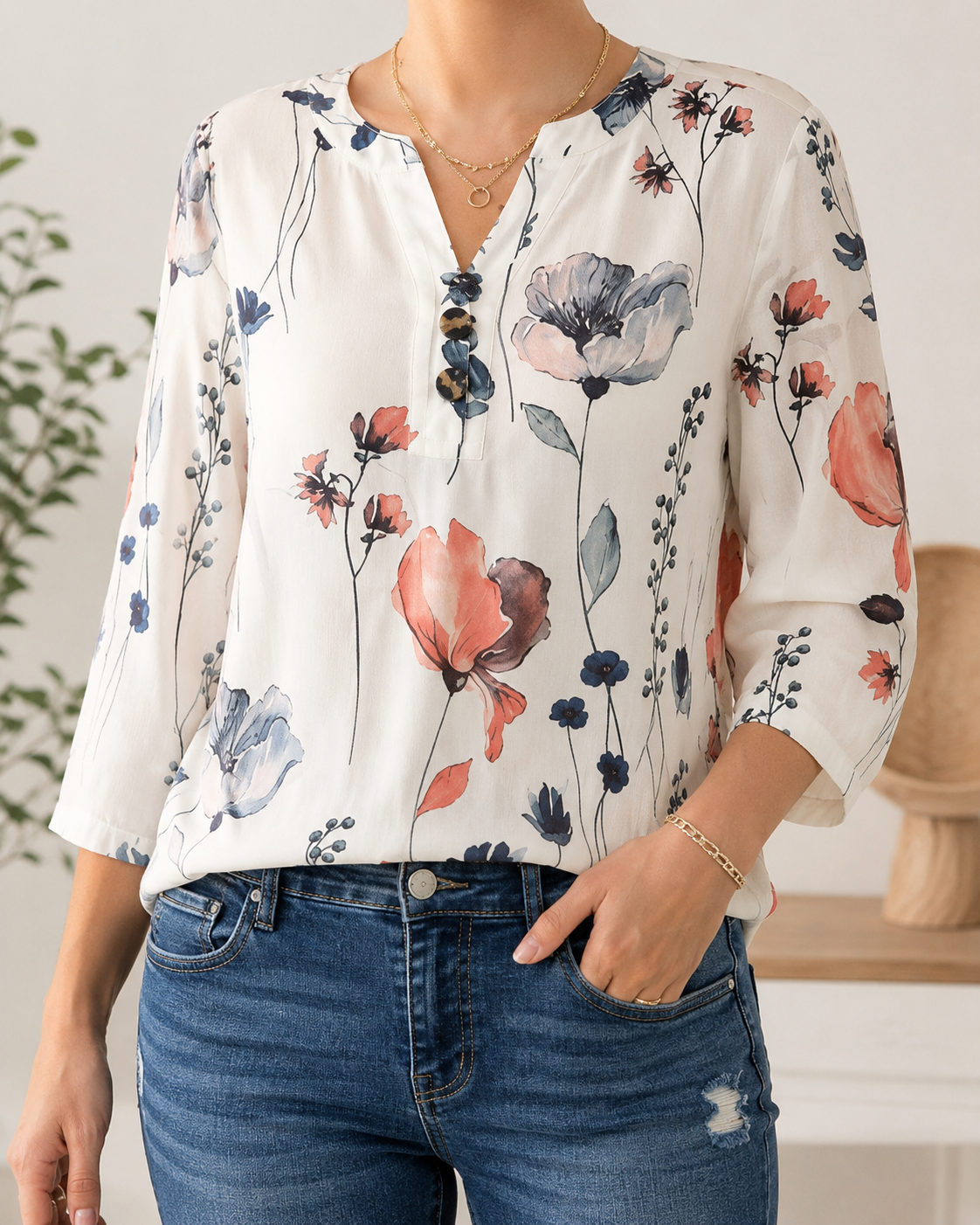 3/4 Sleeve Tops Summer Outfits for Women Breathable Lightweight Blouses Air Conditioner Friendly Loose Fit Beach Vacation Girls Adjustable