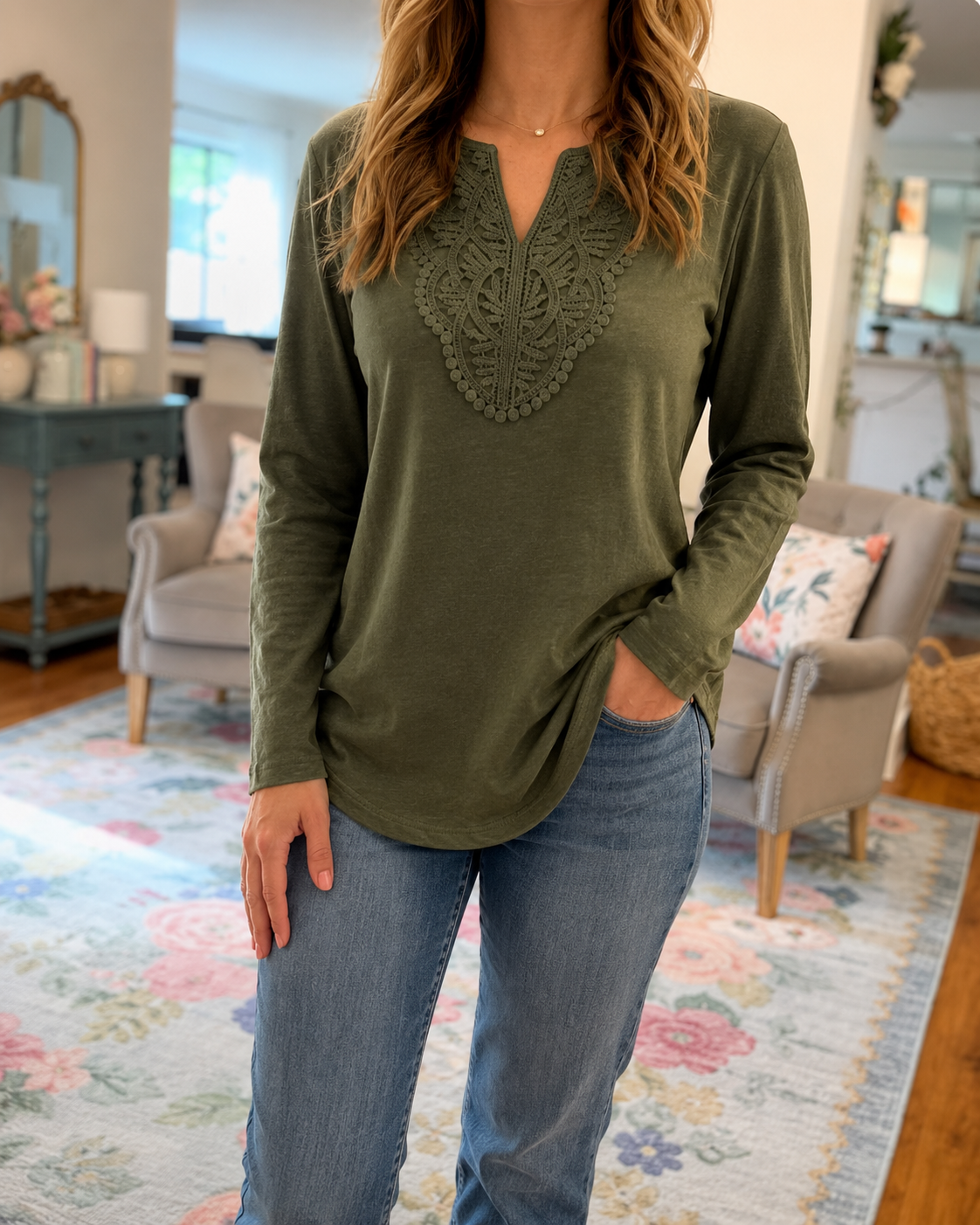 Olive Green Embroidered Notch Neck Top