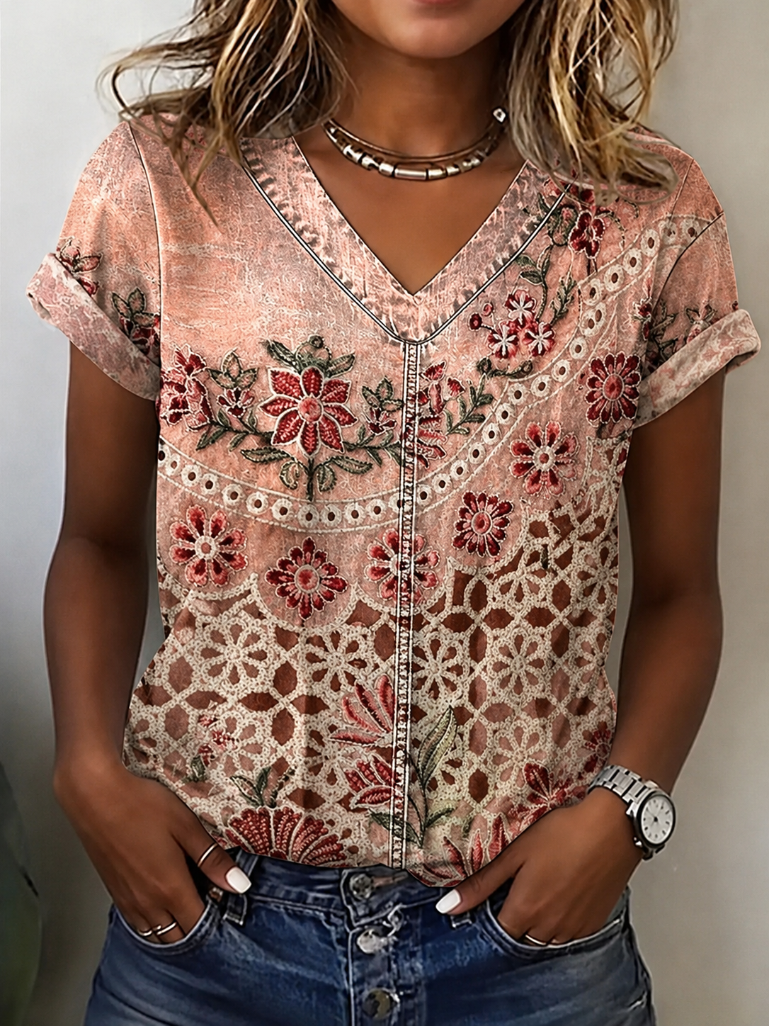 Women's Vintage Ethnic Pink Collage Floral Art Print Casual V-neck Long Sleeve Denim T-Shirt