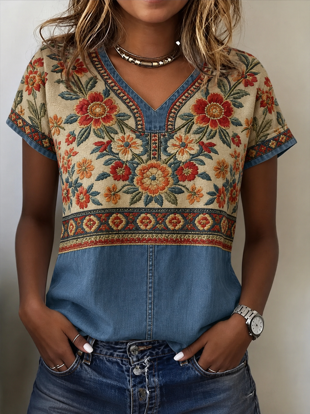 Women's Retro Palace-style Ethnic Floral Patterns Art Print Casual Washed Denim Cotton T-Shirt