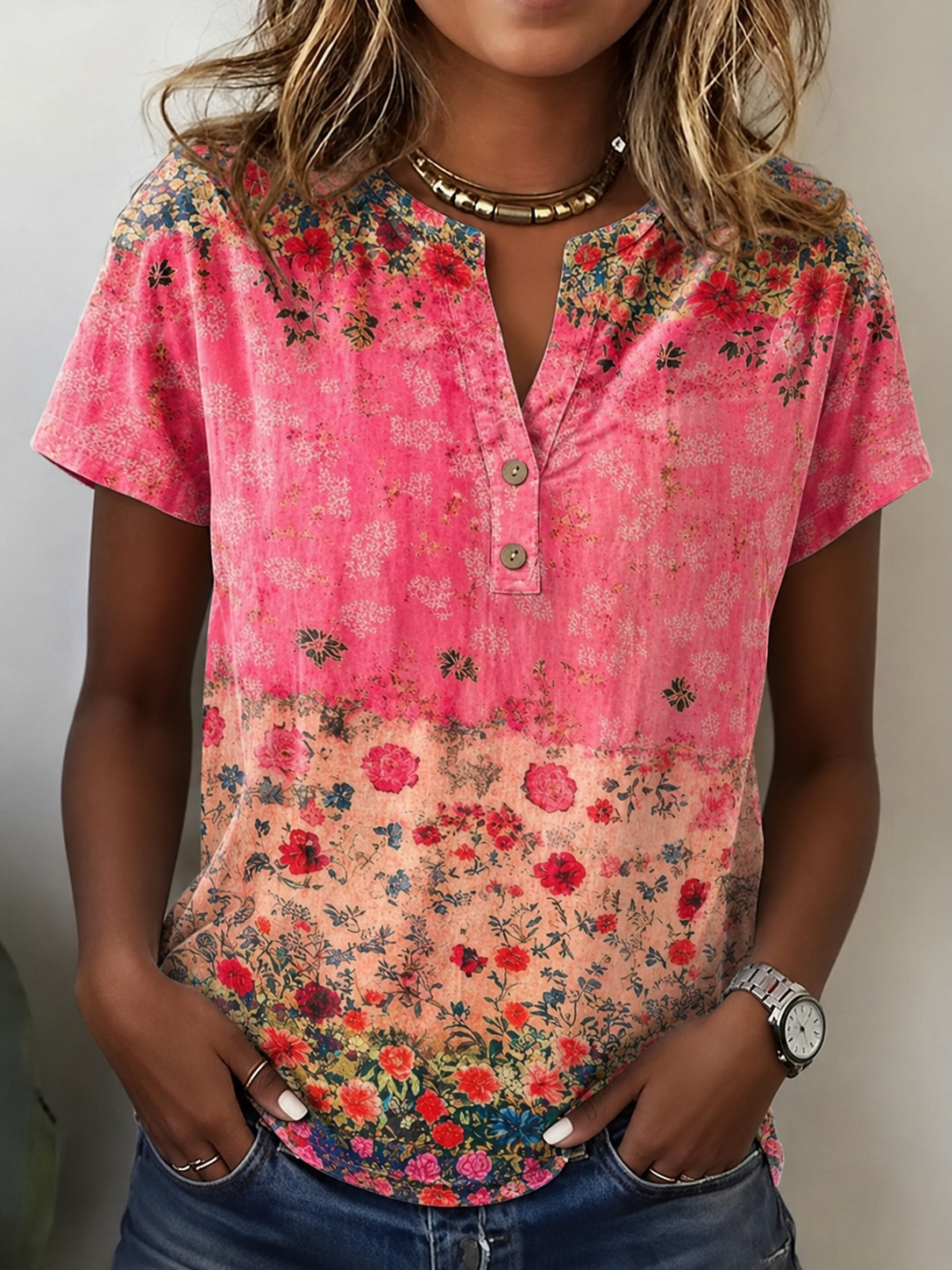 Women's Retro Casual Floral Cotton and Linen Top