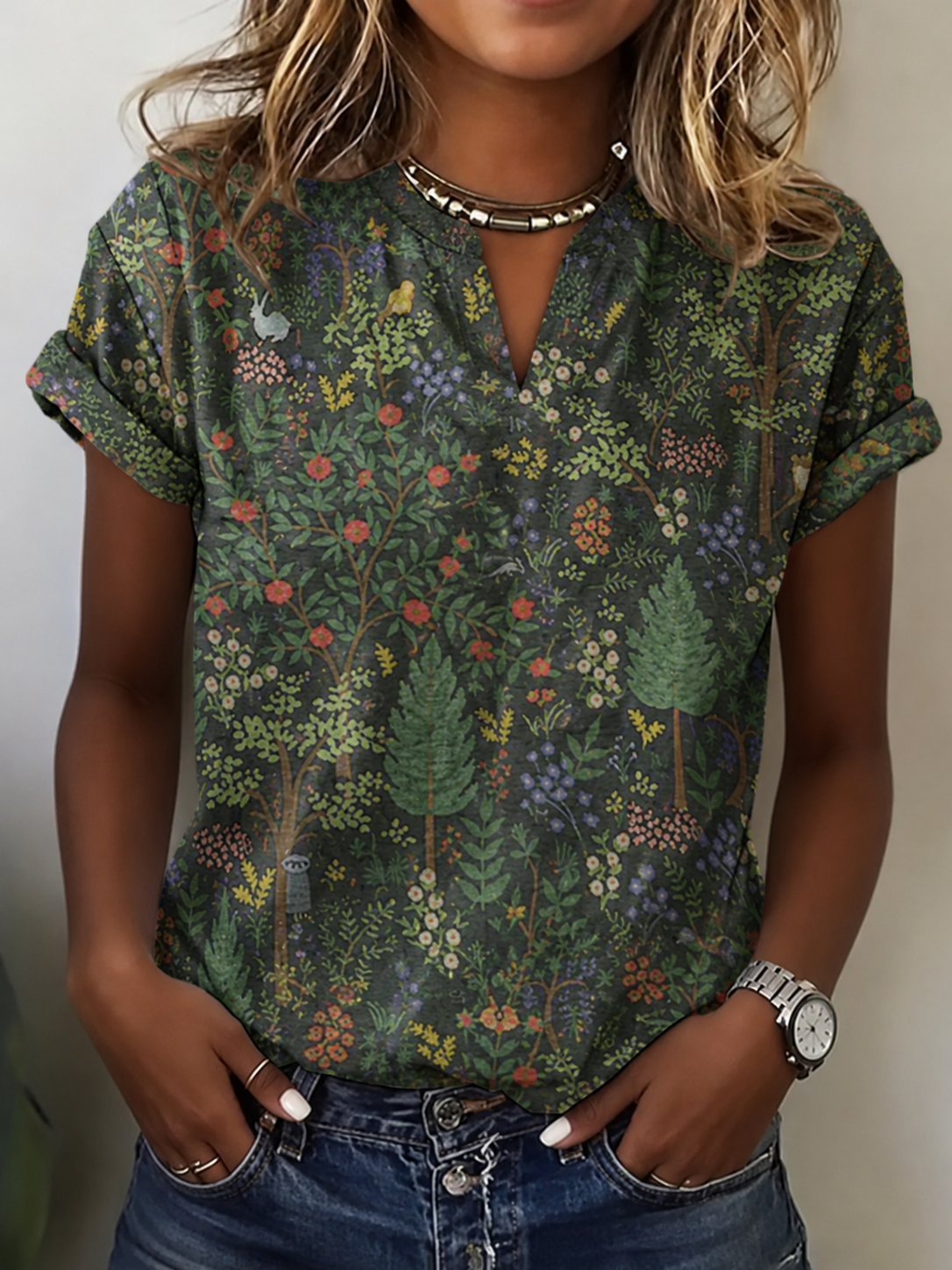 Women's Casual Vintage Forest Printed Cotton And Linen T-Shirt