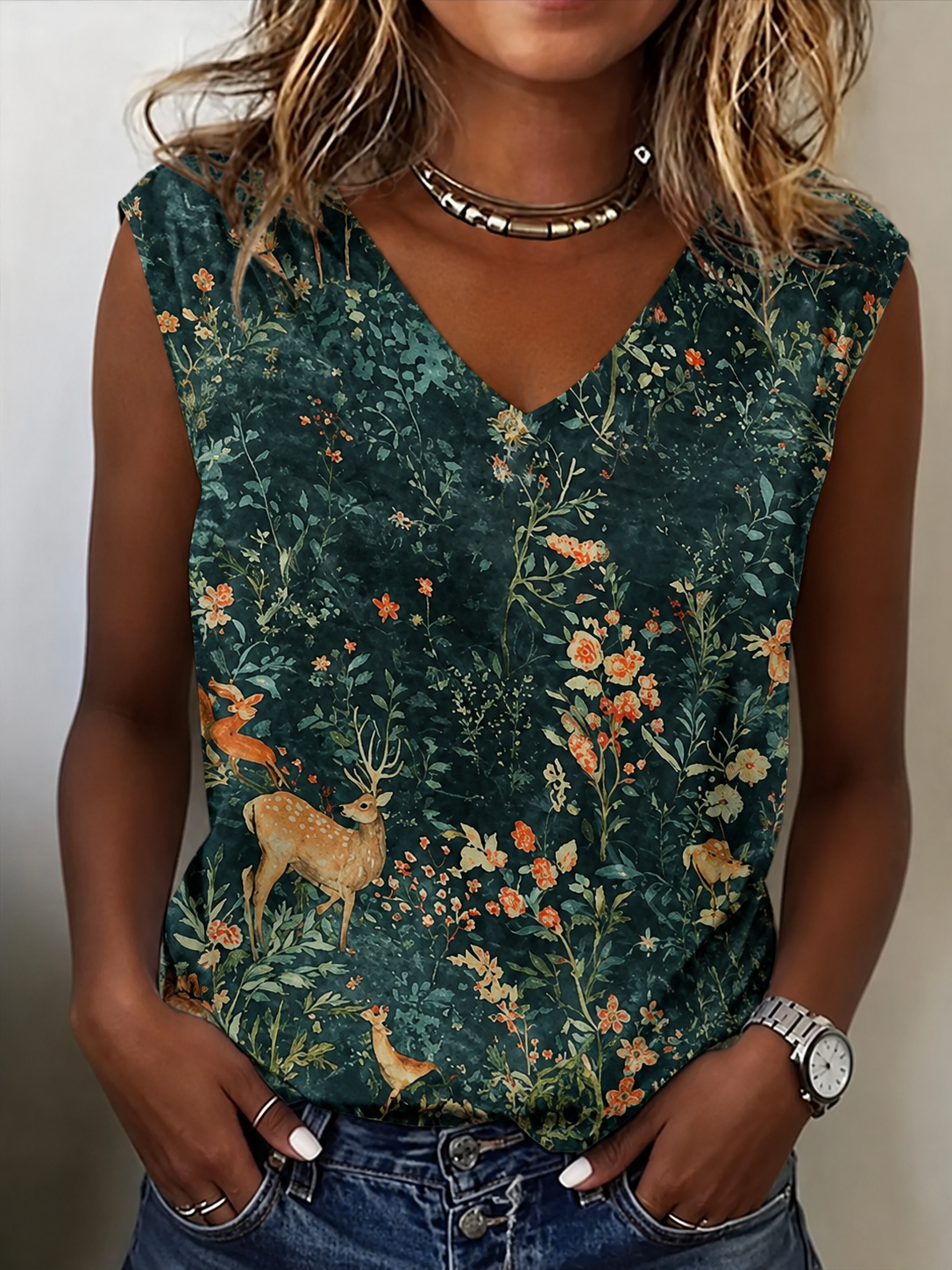 Forest Animal Plant Flower Women's Casual Cotton And Linen T-Shirt