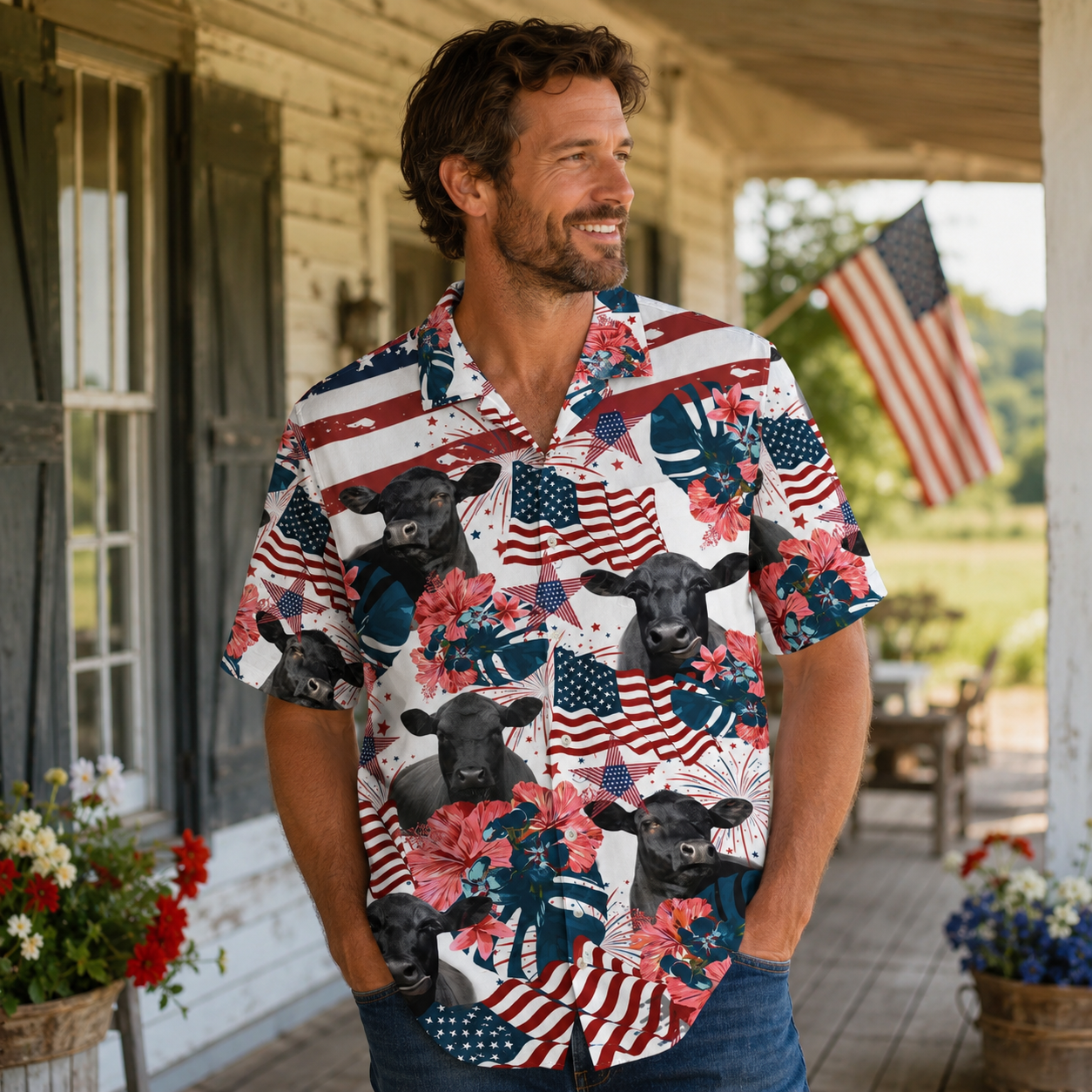 Black Angus Cattle American Flag Hawaiian Shirt for Men - Patriotic Farm 4th of July Aloha Shirt