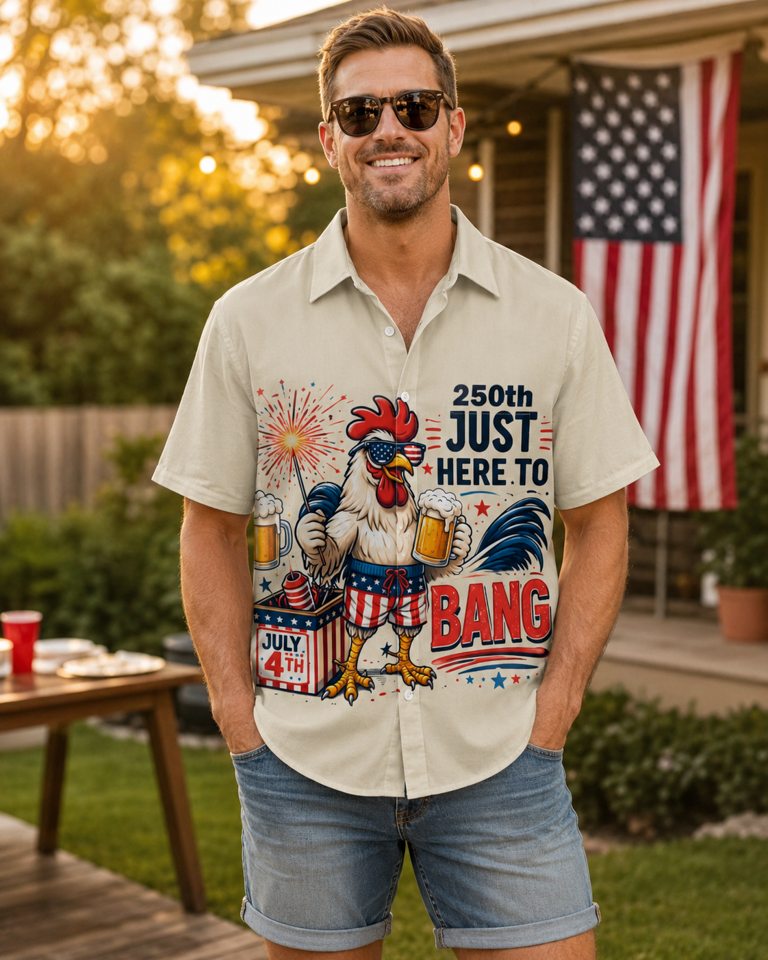 250th Anniversary Rooster Hawaiian Shirt - Just Here To Bang  Funny 4th of July Patriotic Chicken Beer Shirt for Men Women