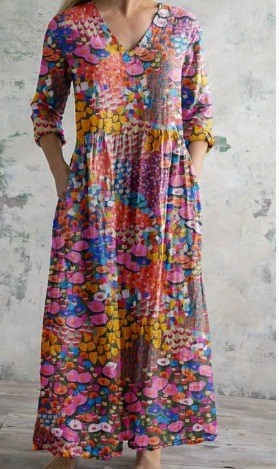 V-Neck Vintage Printed Pocket Dress