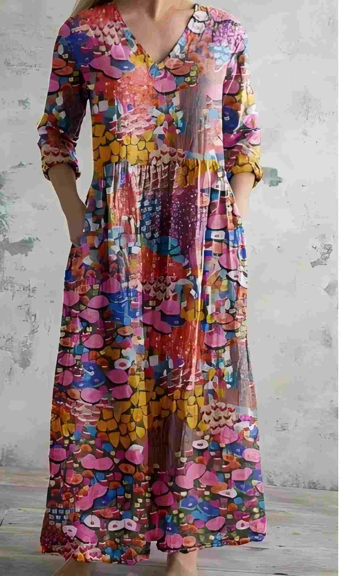 V-Neck Vintage Printed Pocket Dress