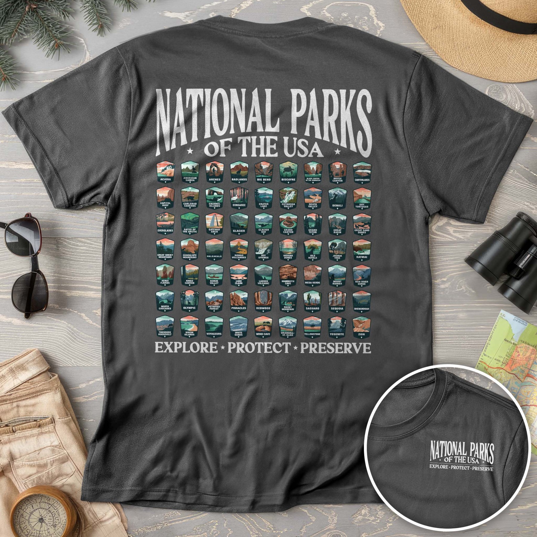 National Parks of the USA 63 Badges Front/Back Print Comfort Colors T-Shirt