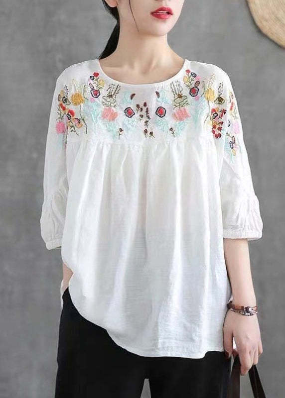 Loose Navy O-Neck Embroideried Cotton T Shirt Half Sleeve
