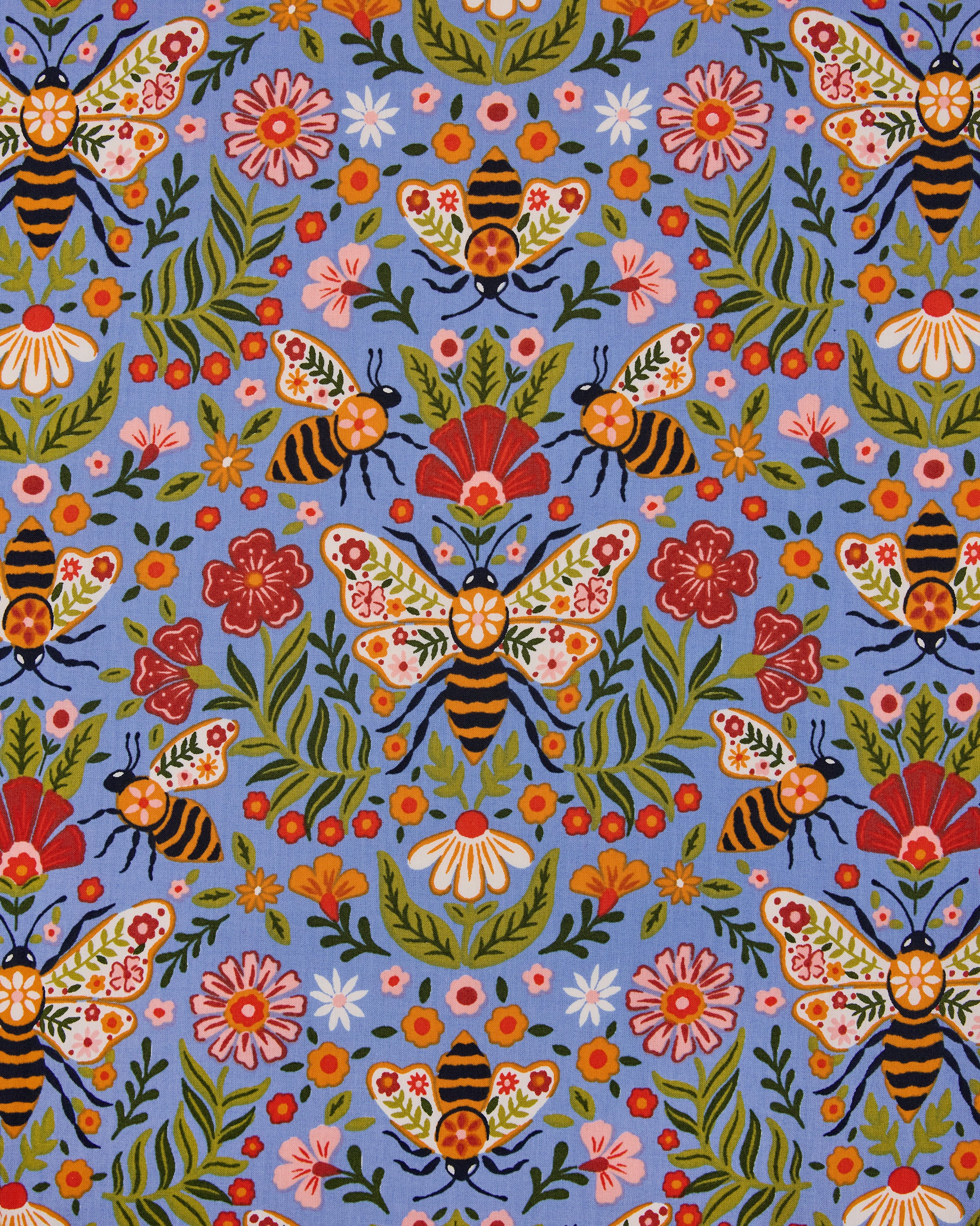 Close-up of the Delphinium Blue Bee Tapestry print, featuring illustrated bees, flowers, leaves, and tapestry-style wing patterns.