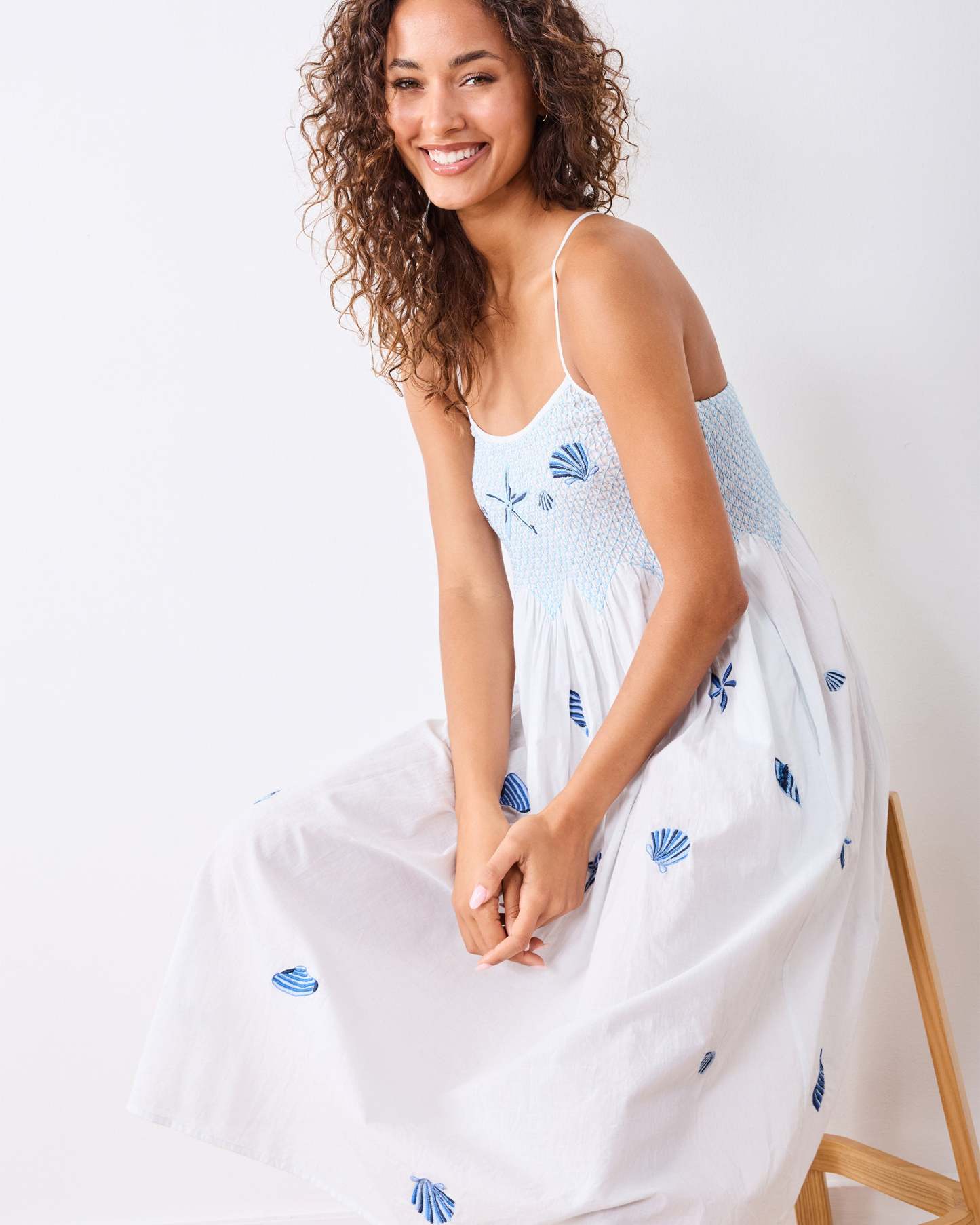 Embroidered Shells - Naya Nightie - Blue Cloud - Printfresh