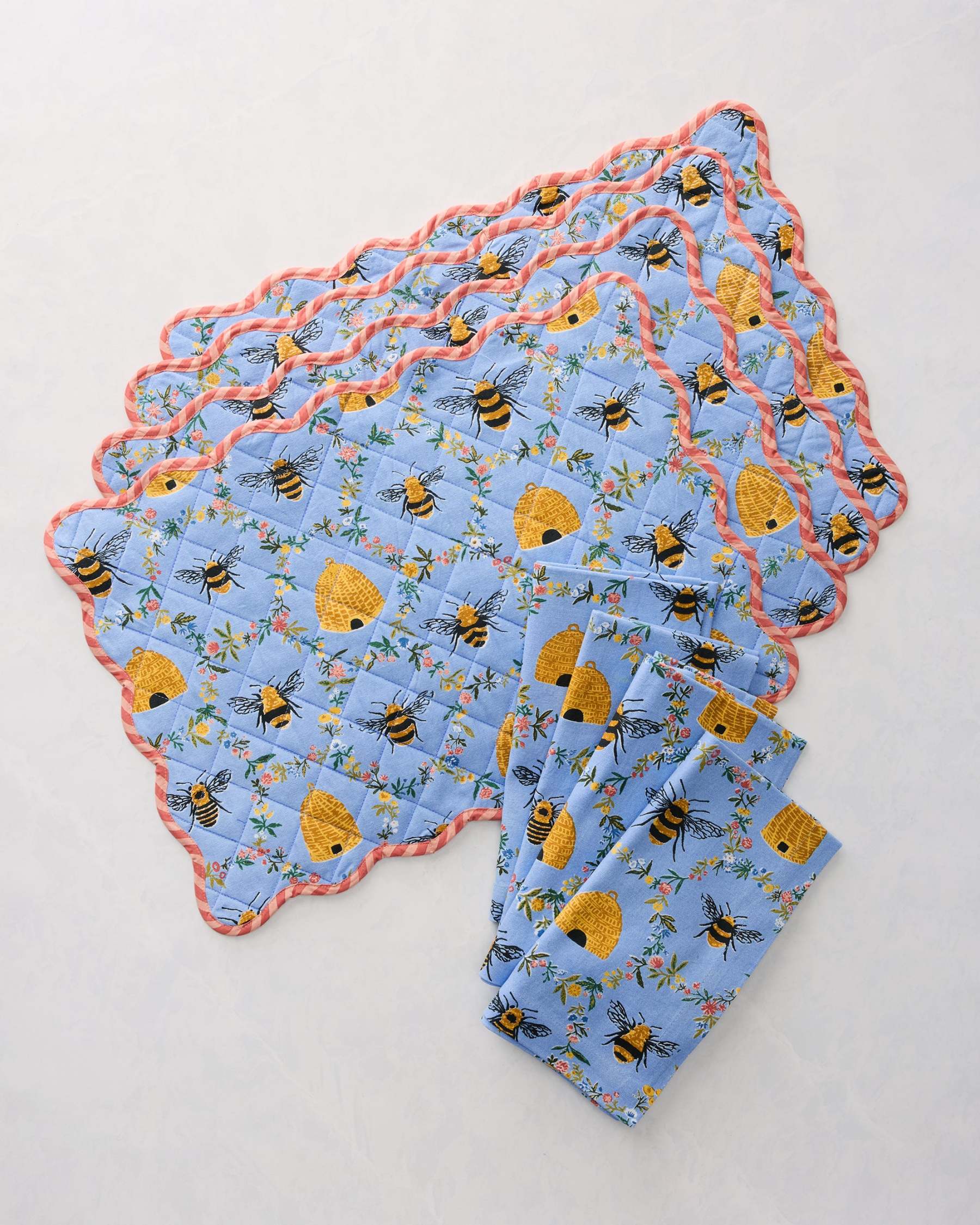 Sweet Bee - Set of 4 Placemats & Napkins Set - Soft Blue - Printfresh