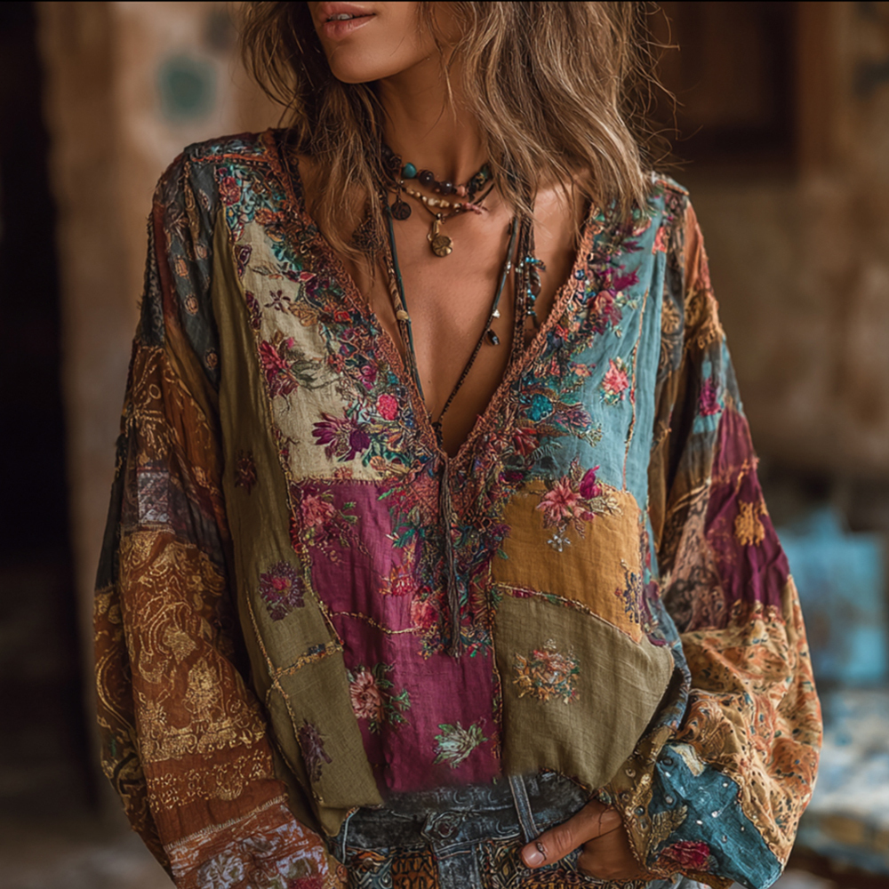 Bohemian Style Embroidered Flower Vacation Long-sleeved V-neck Worn-ou