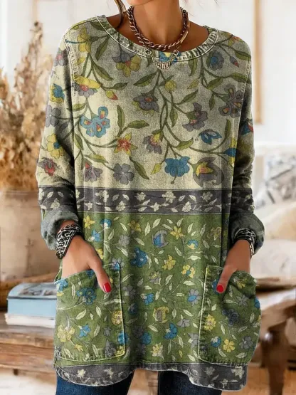 Women's Floral Pattern Art Print Casual Long-sleeve Crew Neck Pocket Cotton Denim T-shirt