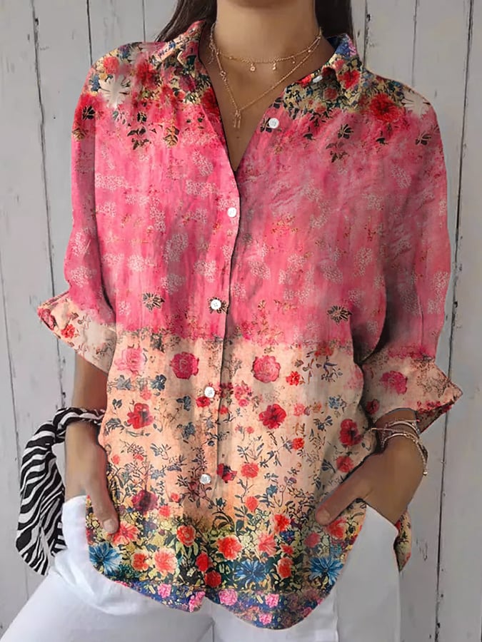 Women's Casual Retro Floral Print Cotton And Linen Shirt