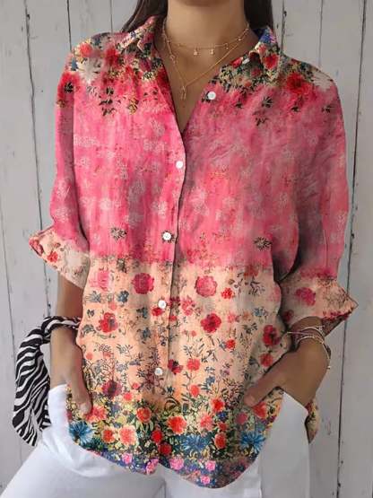 Women's Casual Retro Floral Print Cotton And Linen Shirt