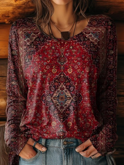 Women's Retro Ethnic Pattern Artistic Print Casual Round Neck Long Sleeve T-Shirt