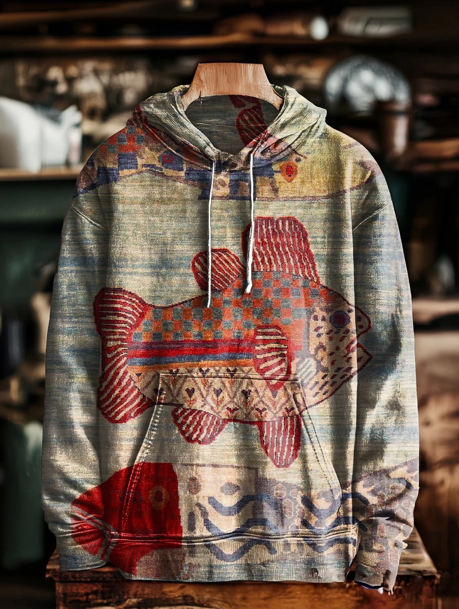 Unisex Vintage Fish Totem Art Print Casual Hoodie Sweatshirt