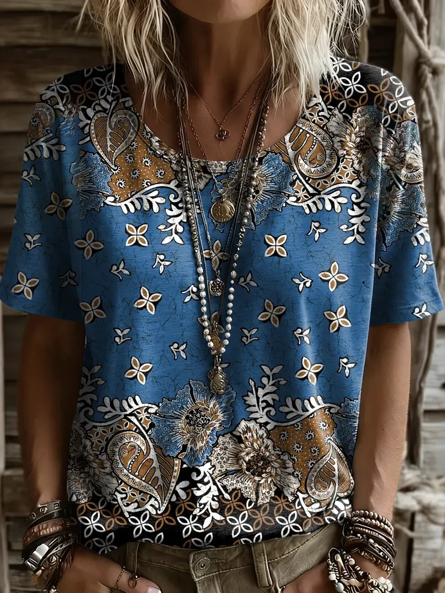 Women's Retro Ethnic Floral Print Round-neck Short-sleeve T-shirt
