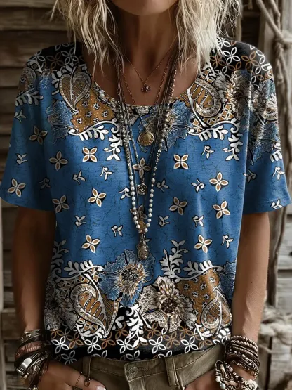 Women's Retro Ethnic Floral Print Round-neck Short-sleeve T-shirt