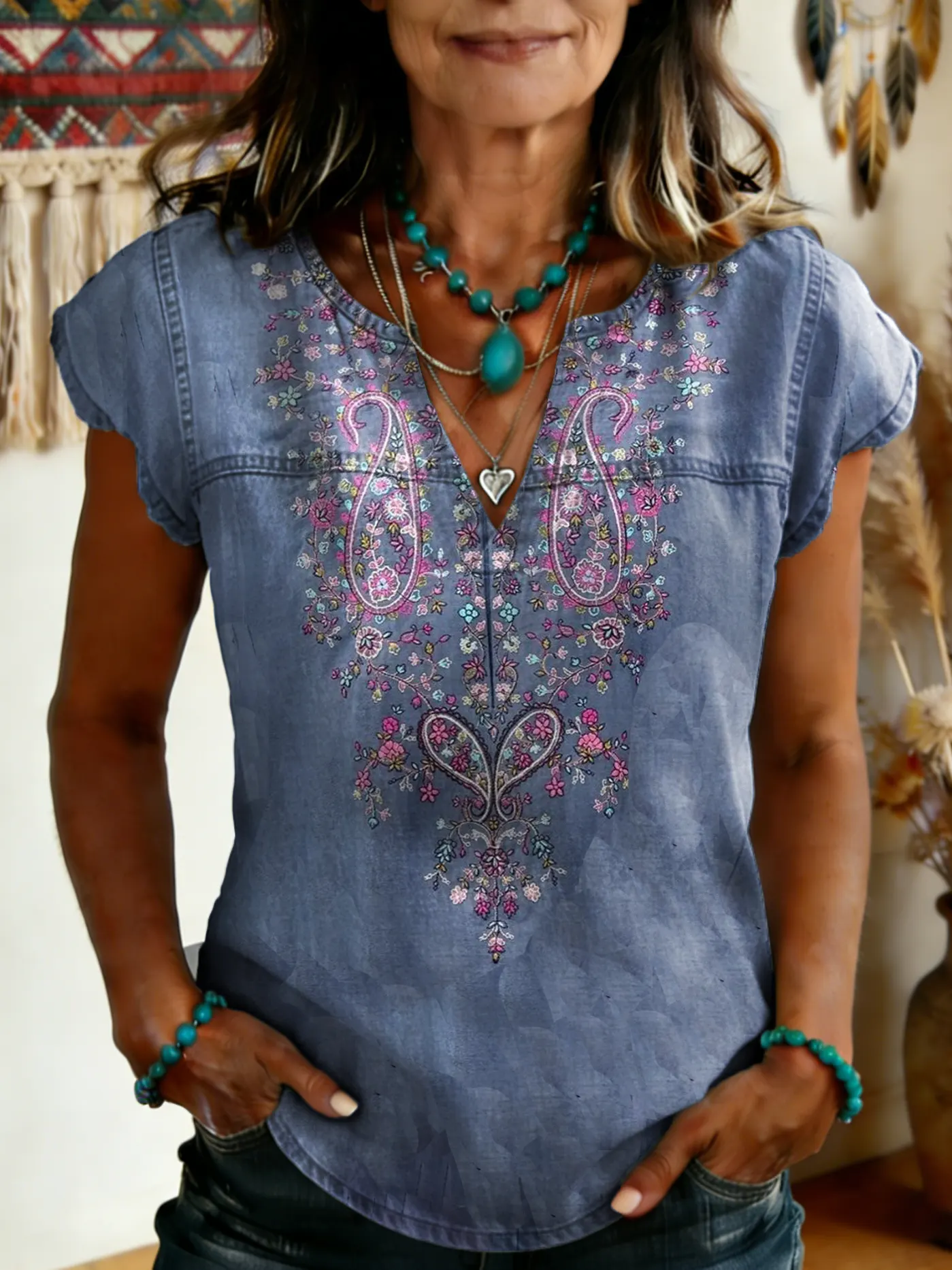 Women's Vintage Floral Print V-neck Short-sleeve T-shirt