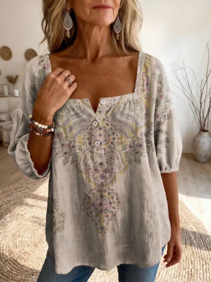 Women's Totem-inspired Vintage Floral Art Print Casual Square-neck Top