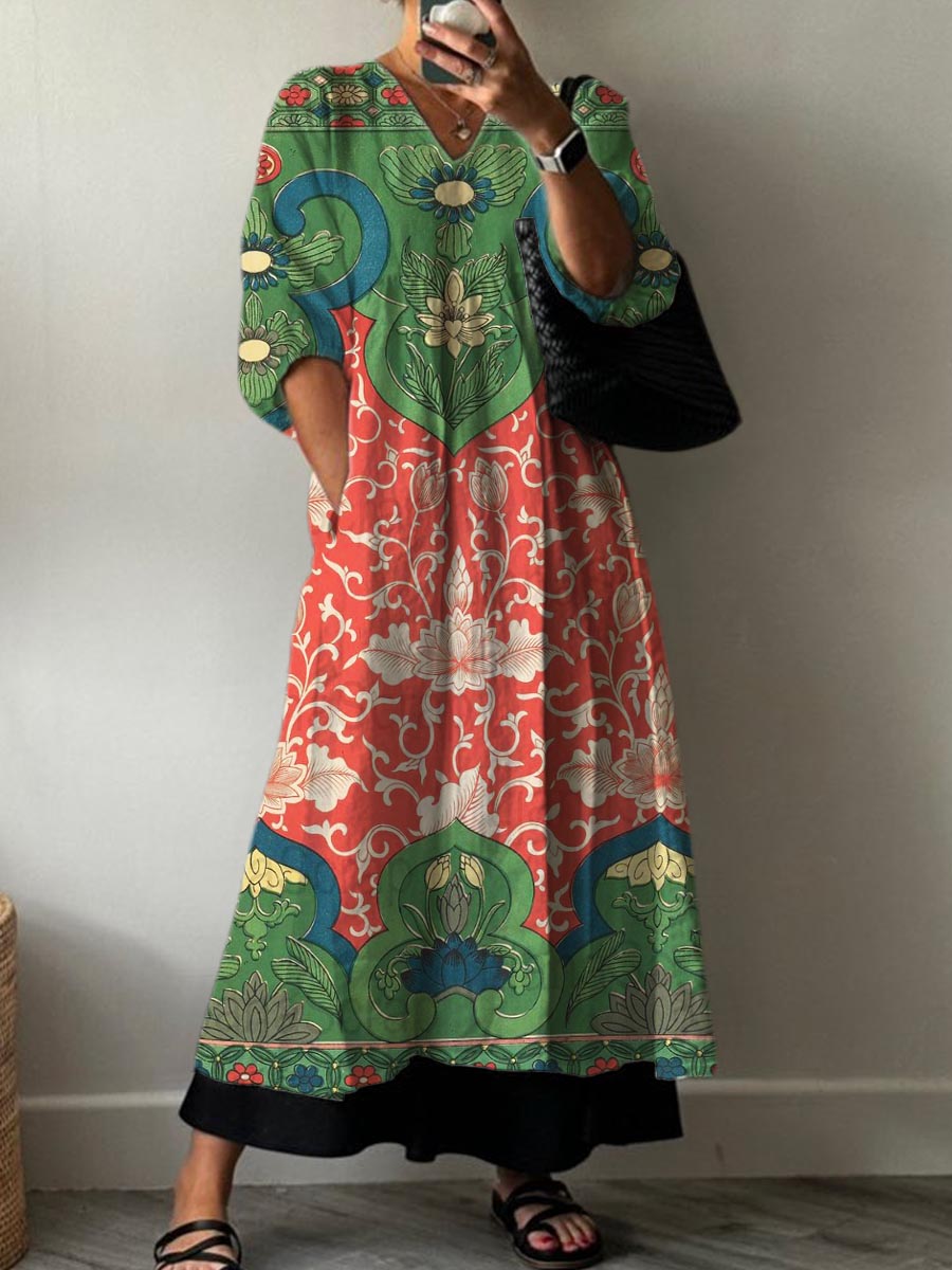 Women's Vintage Floral Art Print Pocket V-neck Cotton Dress