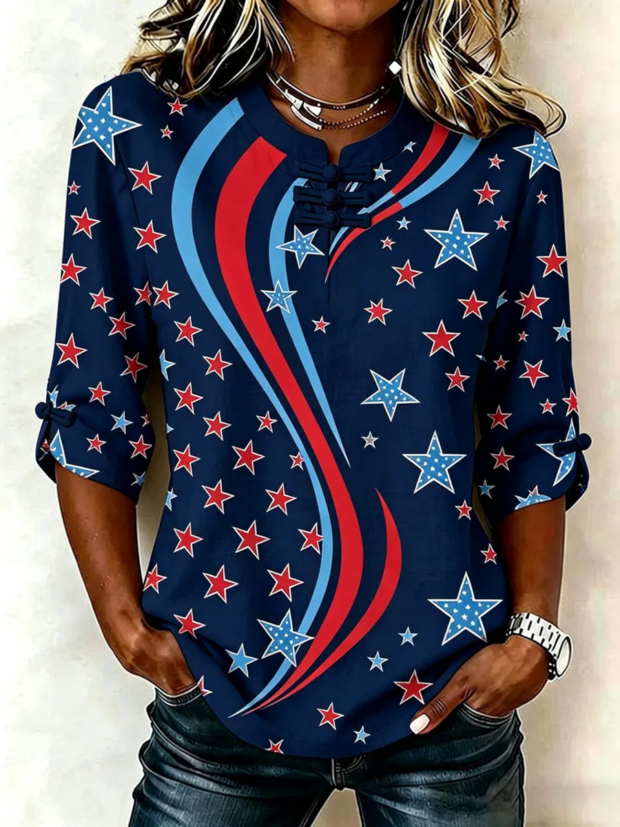 Women's Cotton Linen USA 250th Anniversary Print Shirt