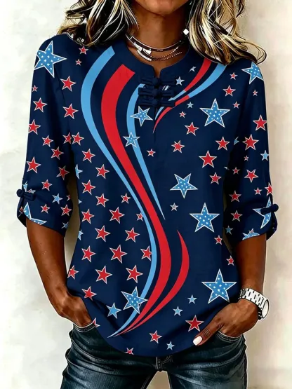Women's Cotton Linen USA 250th Anniversary Print Shirt