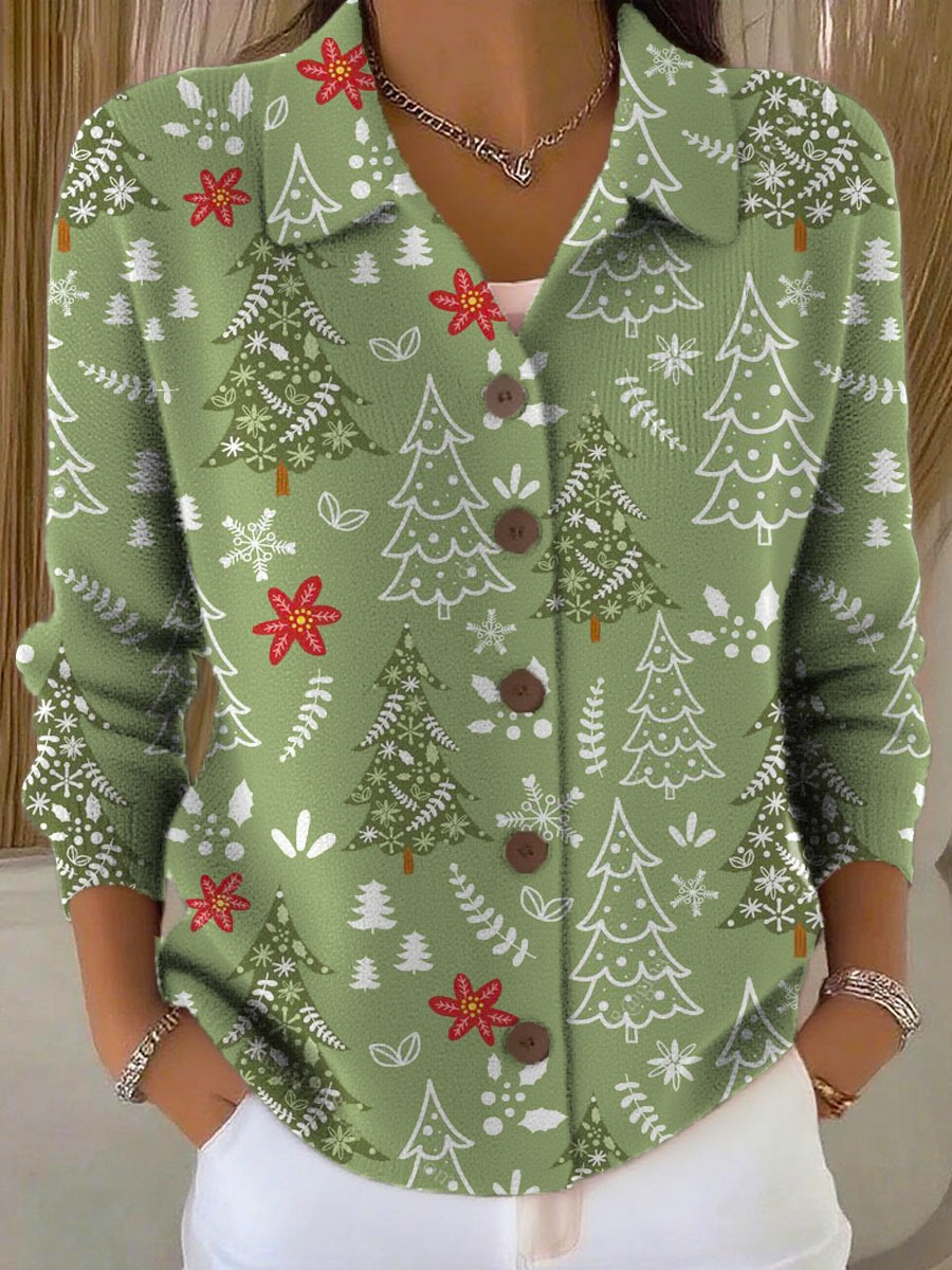 Women's Christmas Tree Pattern Art Print Buttoned Cardigan Sweater